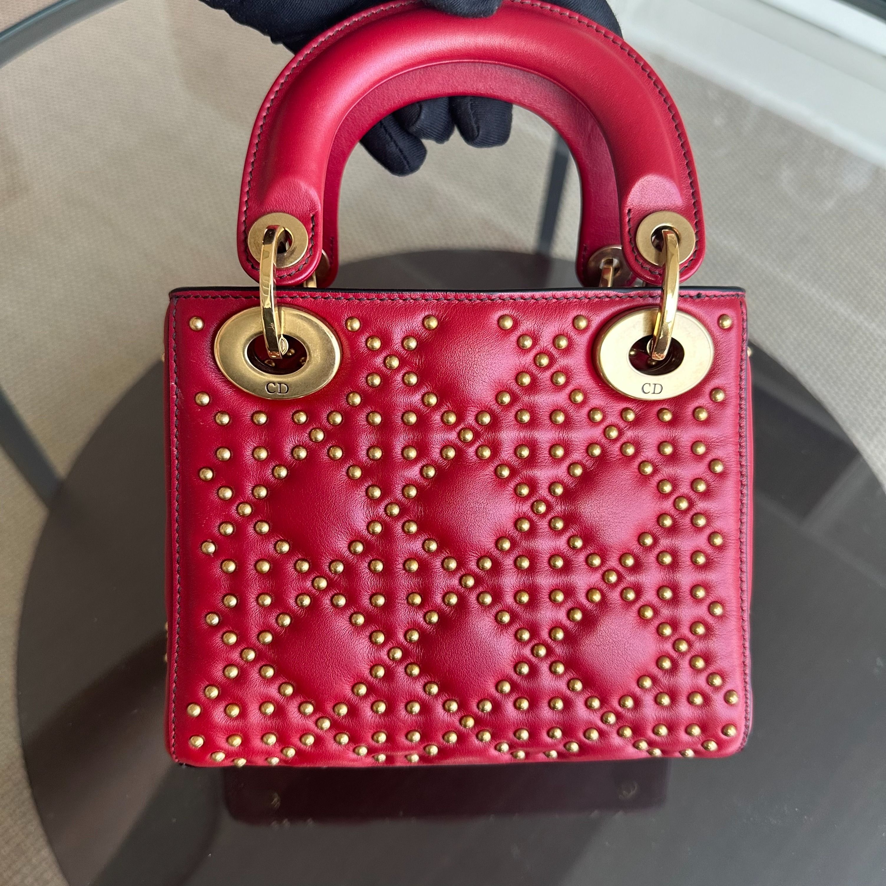 Dior Lady Mini Studded Cannage Calfskin Red AGHW - Luxury Evermore