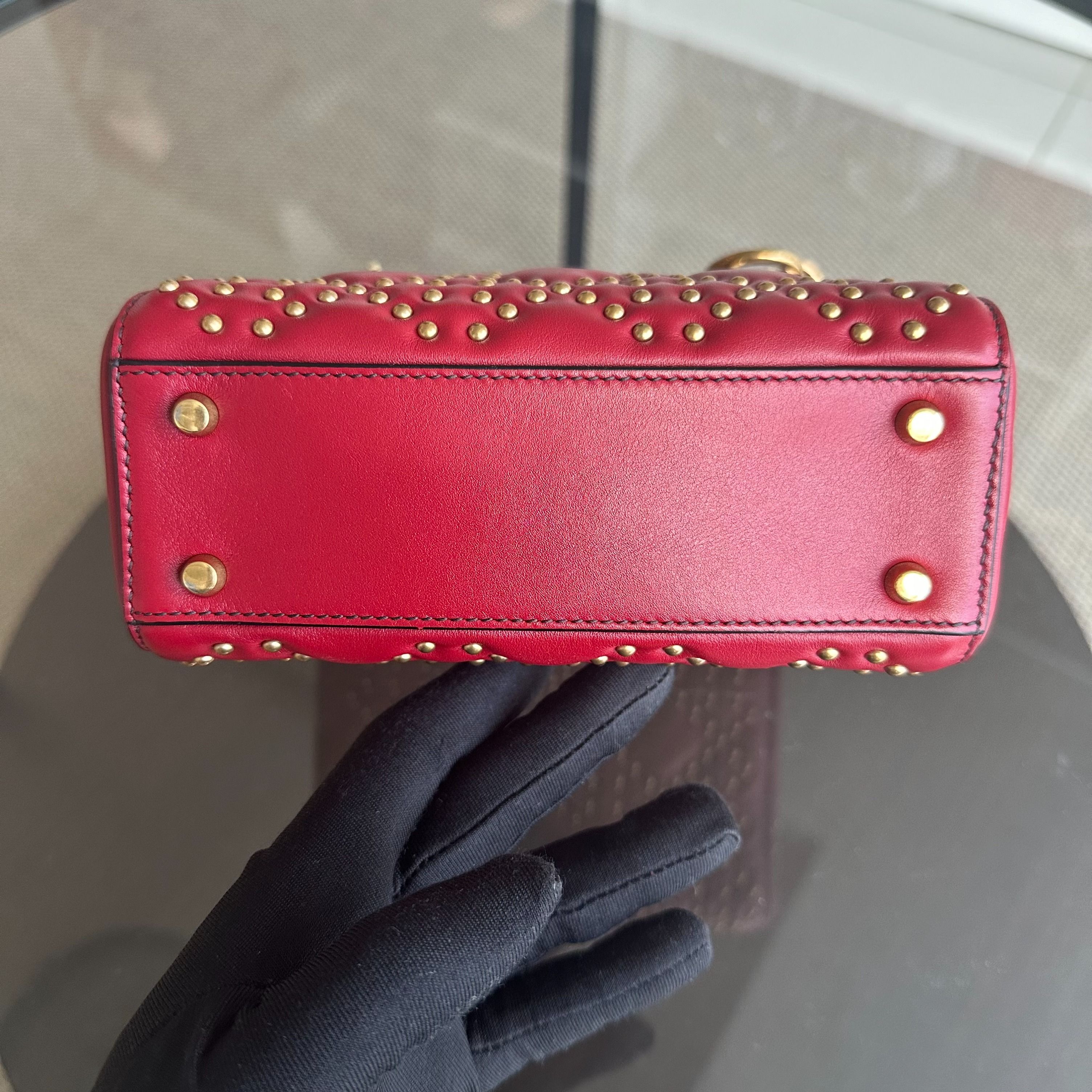 Dior Lady Mini Studded Cannage Calfskin Red AGHW - Luxury Evermore