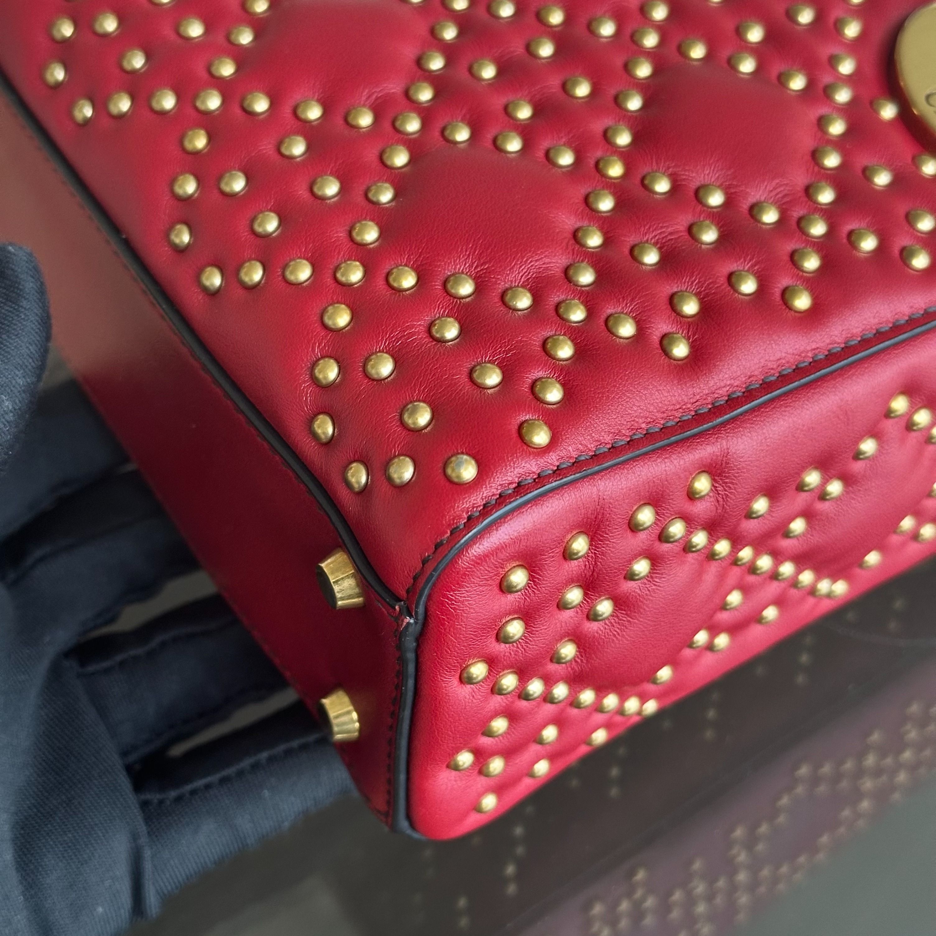 Dior Lady Mini Studded Cannage Calfskin Red AGHW - Luxury Evermore