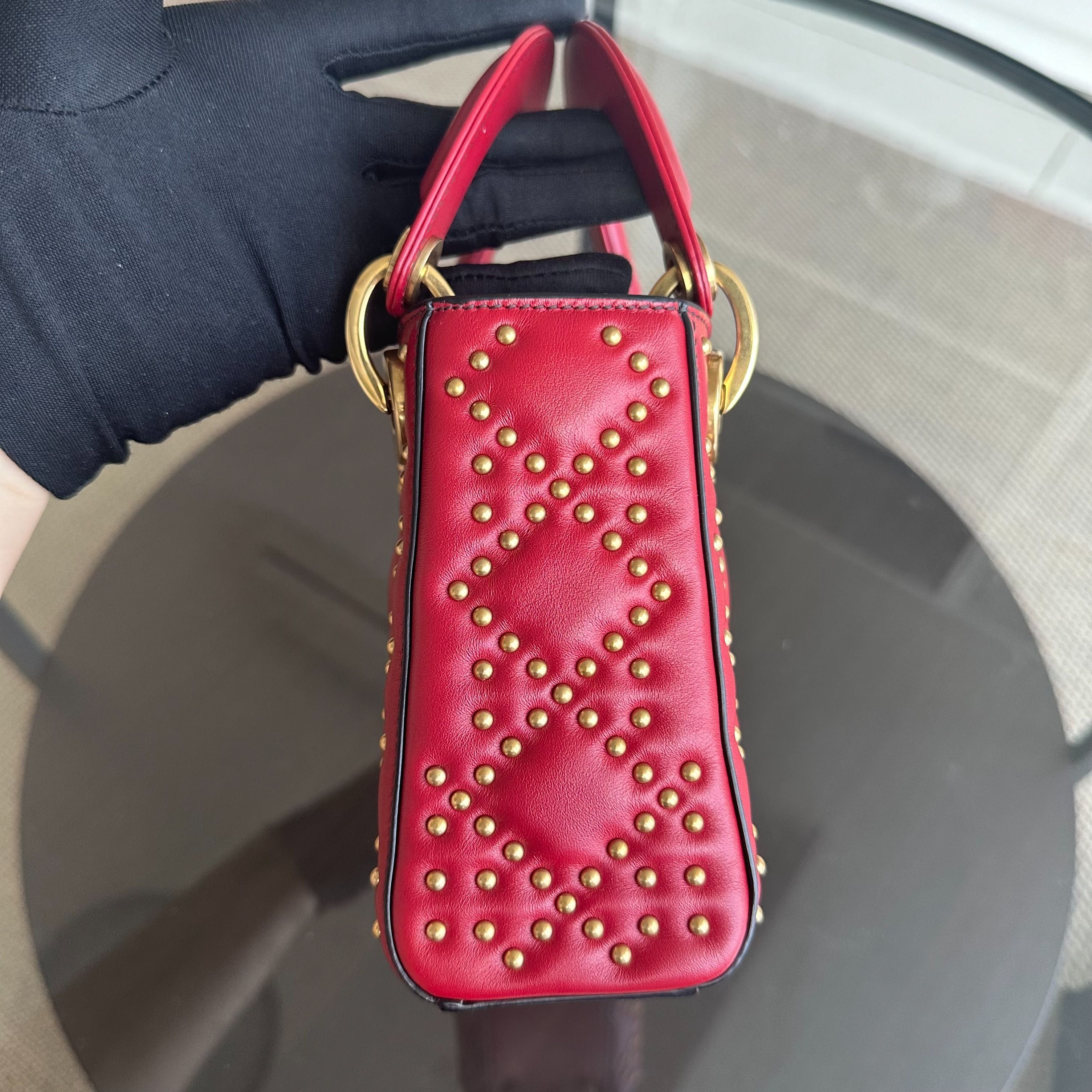 Dior Lady Mini Studded Cannage Calfskin Red AGHW - Luxury Evermore