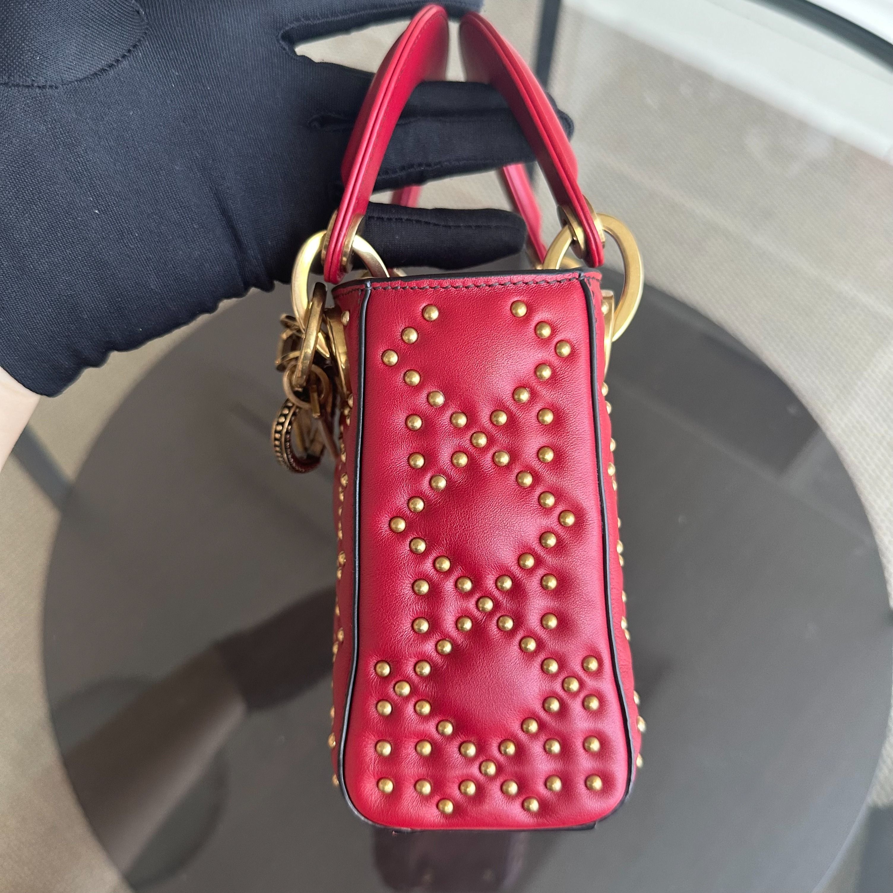 Dior Lady Mini Studded Cannage Calfskin Red AGHW - Luxury Evermore