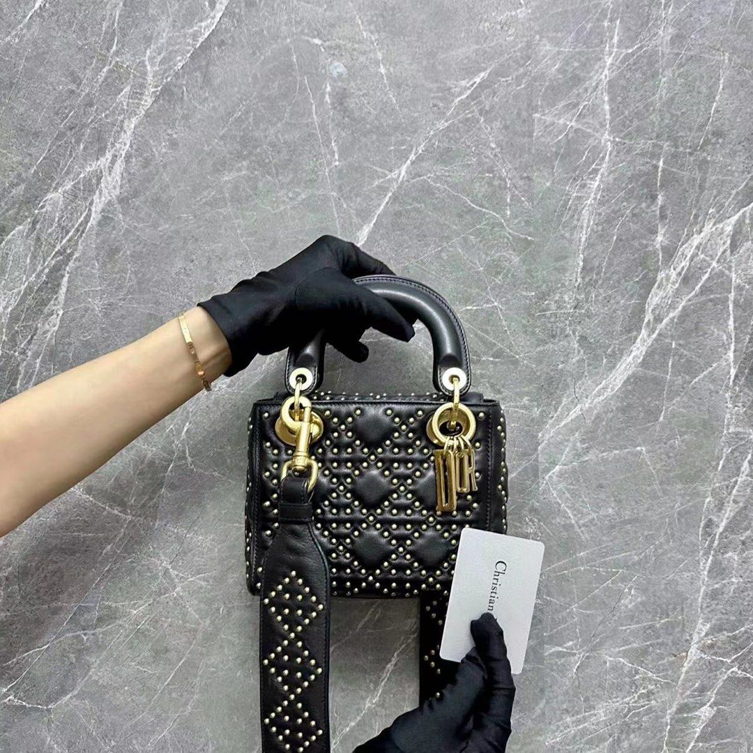 Dior Lady Mini Studded Lambskin Black GHW - Luxury Evermore