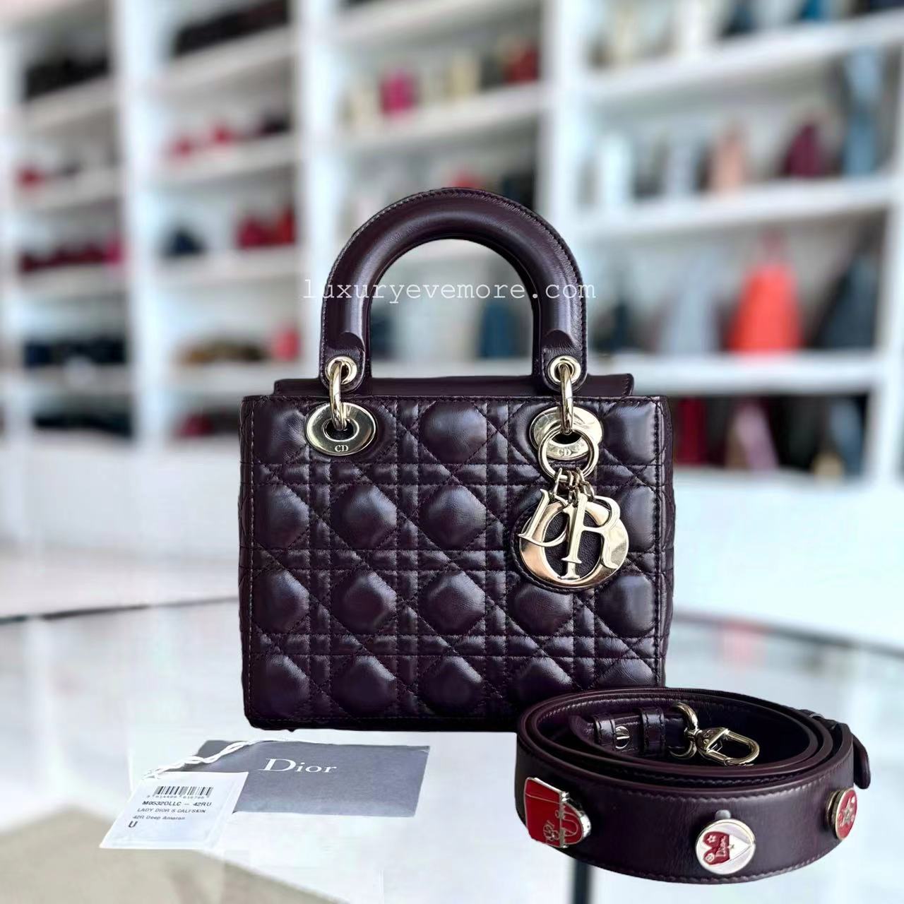 Dior Lady Small Cannage Glazed Calfskin Burgundy Dark Red Golden Hardware ABC MyABC Charm Badge - Luxury Evermore