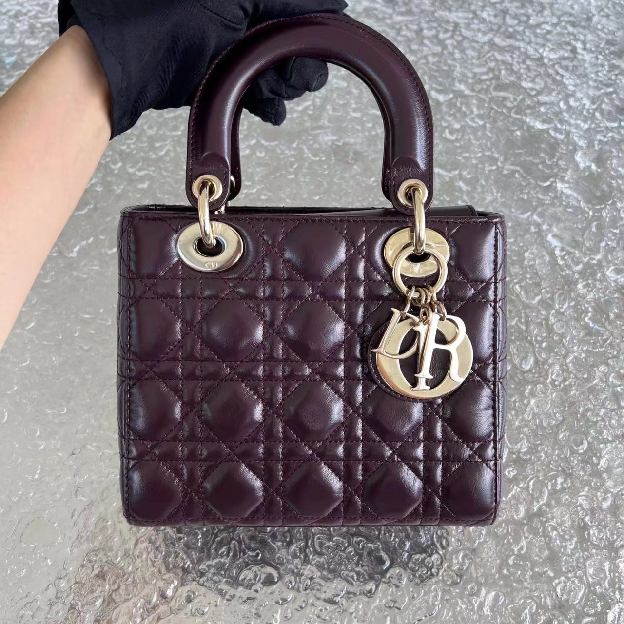 Dior Lady Small Cannage Glazed Calfskin Burgundy Dark Red Golden Hardware ABC MyABC Charm Badge - Luxury Evermore