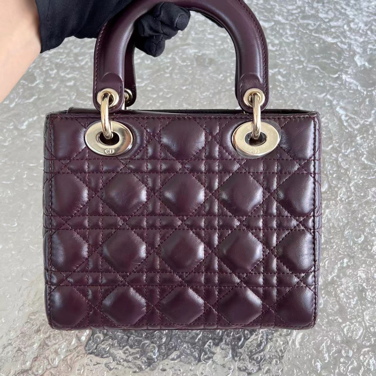 Dior Lady Small Cannage Glazed Calfskin Burgundy Dark Red Golden Hardware ABC MyABC Charm Badge - Luxury Evermore