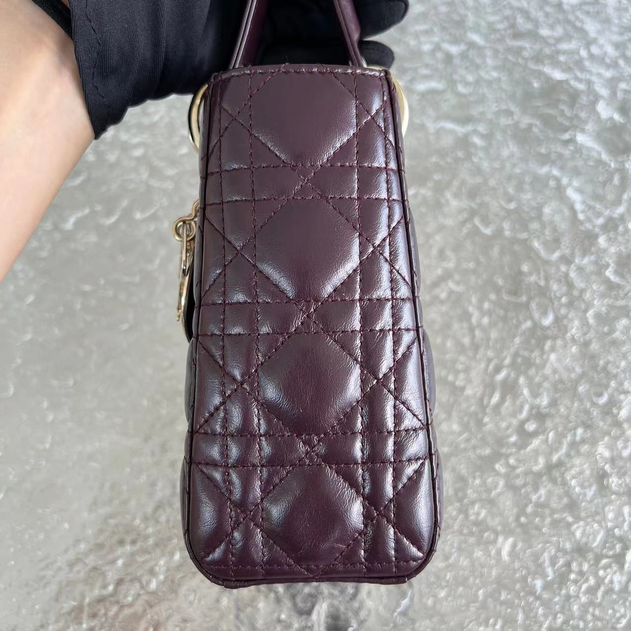 Dior Lady Small Cannage Glazed Calfskin Burgundy Dark Red Golden Hardware ABC MyABC Charm Badge - Luxury Evermore