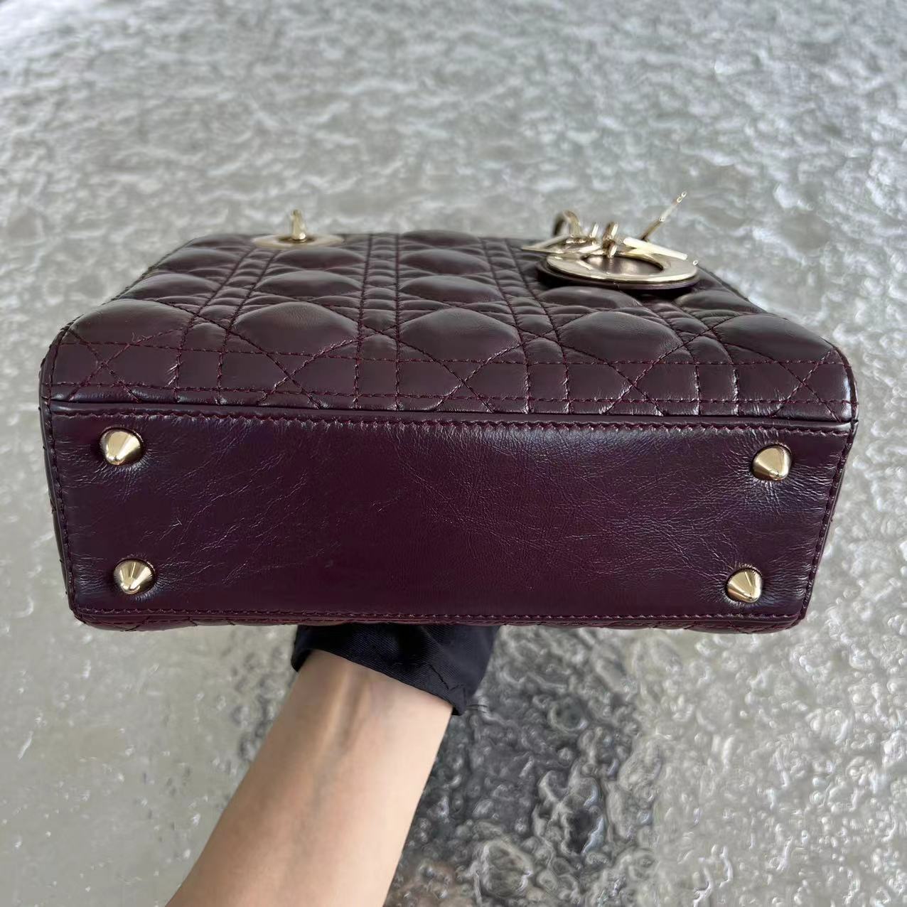 Dior Lady Small Cannage Glazed Calfskin Burgundy Dark Red Golden Hardware ABC MyABC Charm Badge - Luxury Evermore