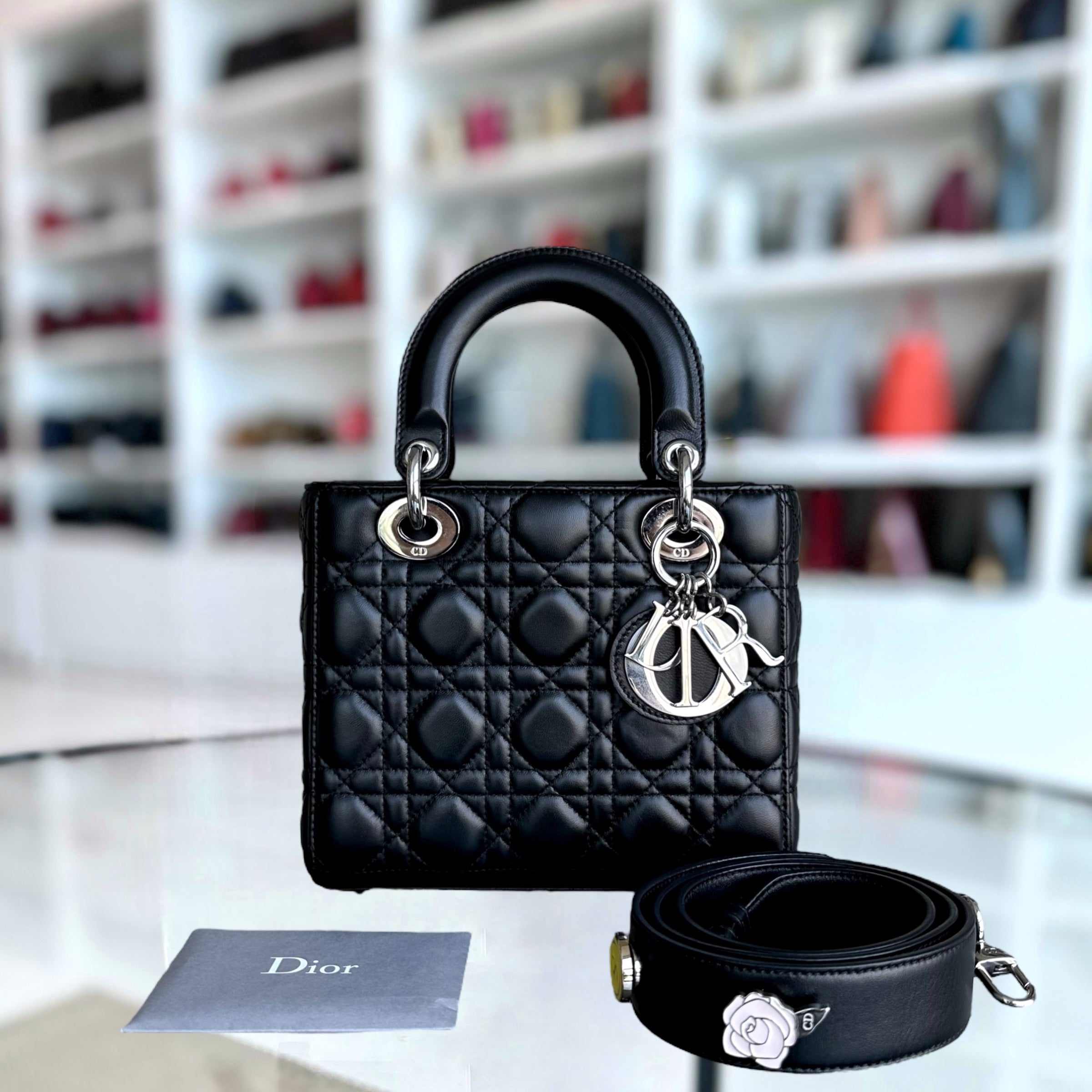 Dior Lady Small Cannage Lambskin Black ABC MyABC Silver Hardware Charm Strap - Luxury Evermore