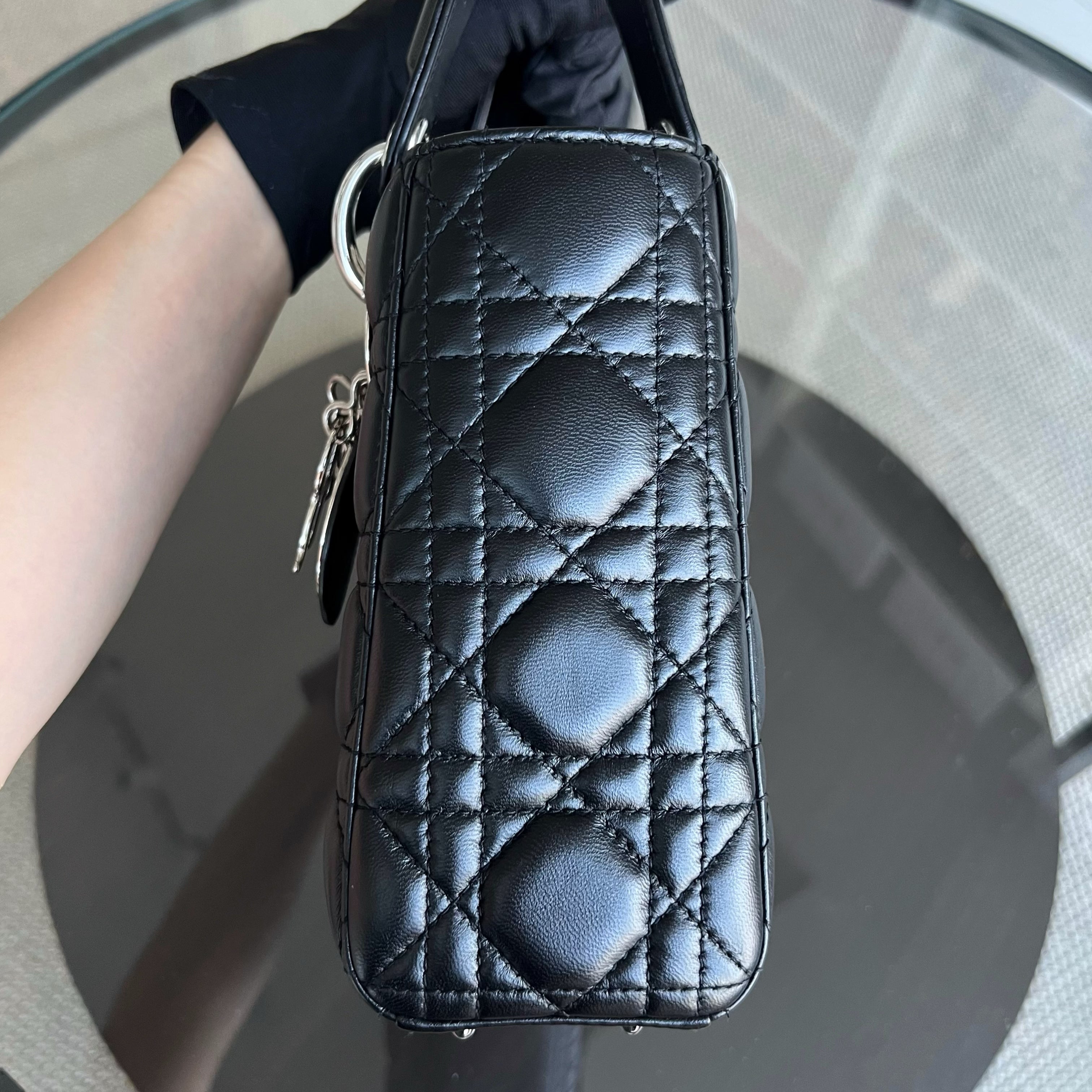 Dior Lady Small Cannage Lambskin Black ABC MyABC Silver Hardware Charm Strap - Luxury Evermore