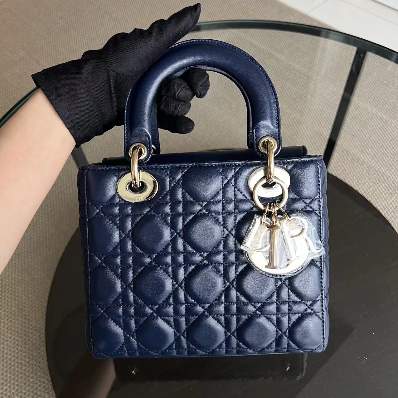 Dior Lady Small Cannage Lambskin Dark Blue My Lady ABC Charm Badge GHW - Luxury Evermore