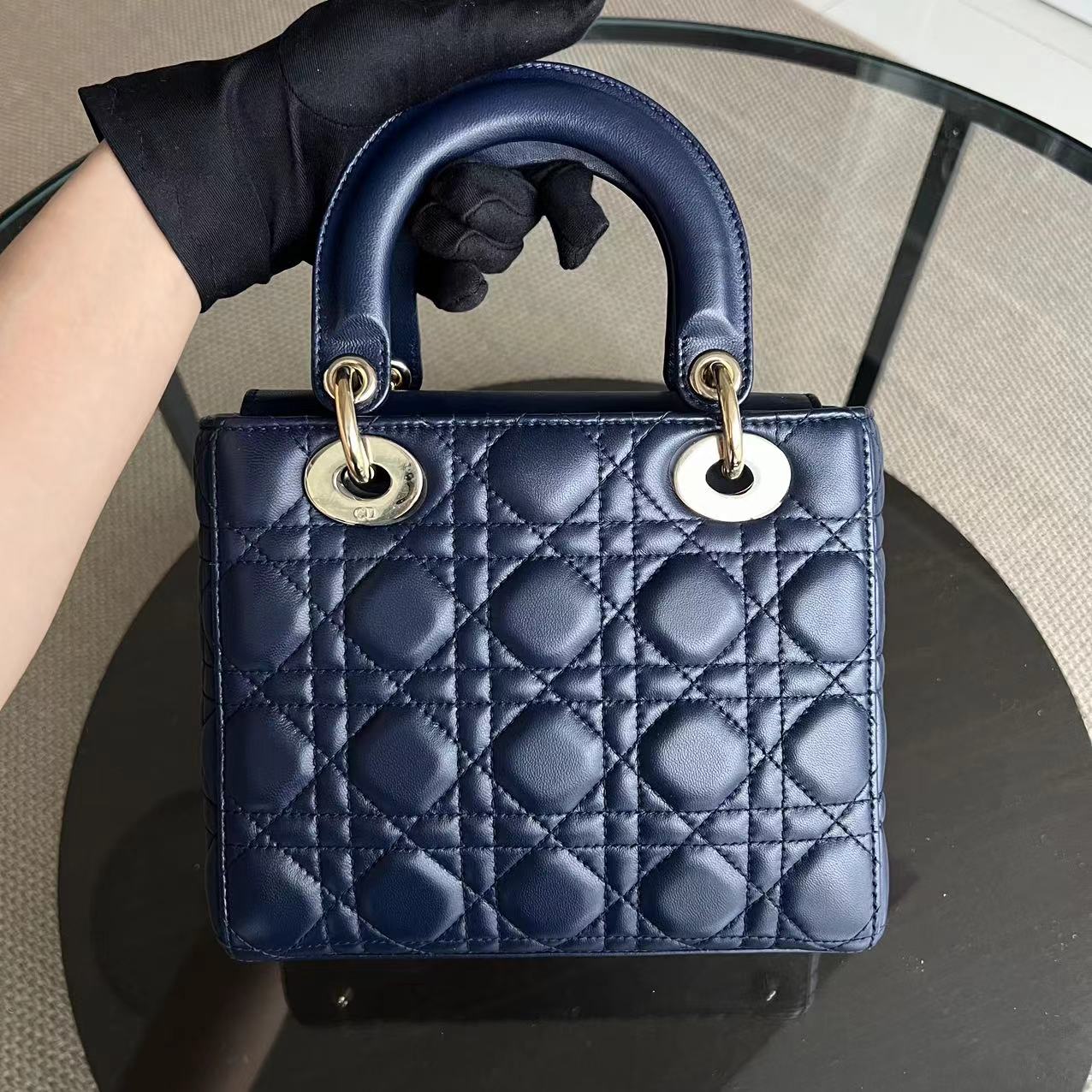 Dior Lady Small Cannage Lambskin Dark Blue My Lady ABC Charm Badge GHW - Luxury Evermore