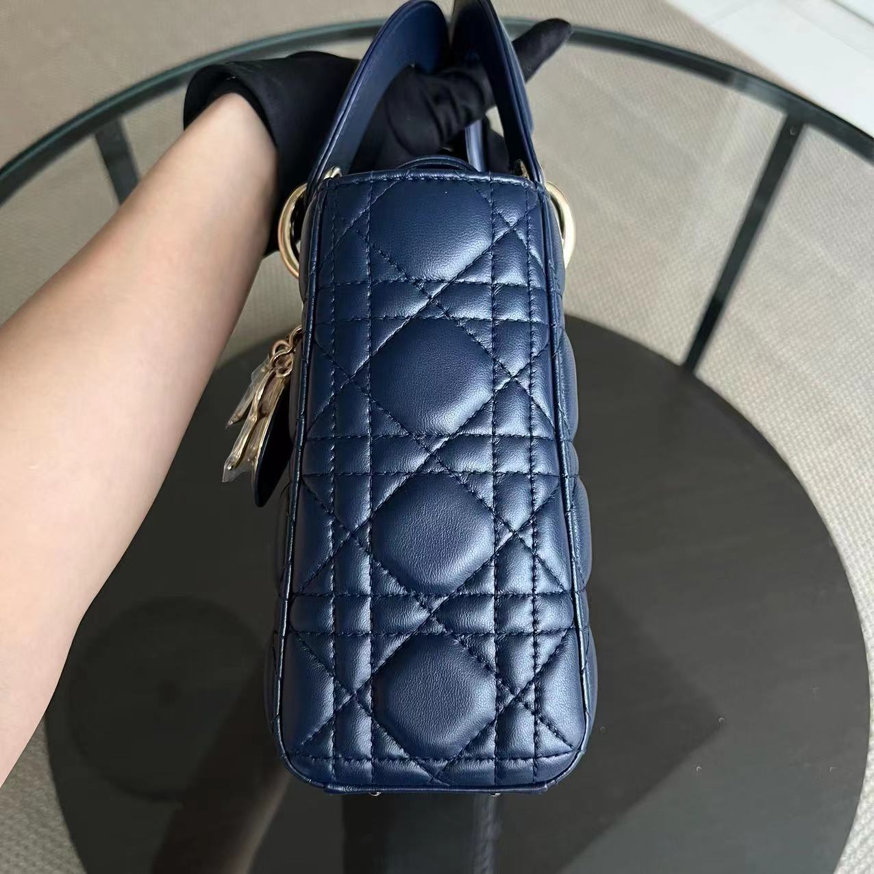 Dior Lady Small Cannage Lambskin Dark Blue My Lady ABC Charm Badge GHW - Luxury Evermore