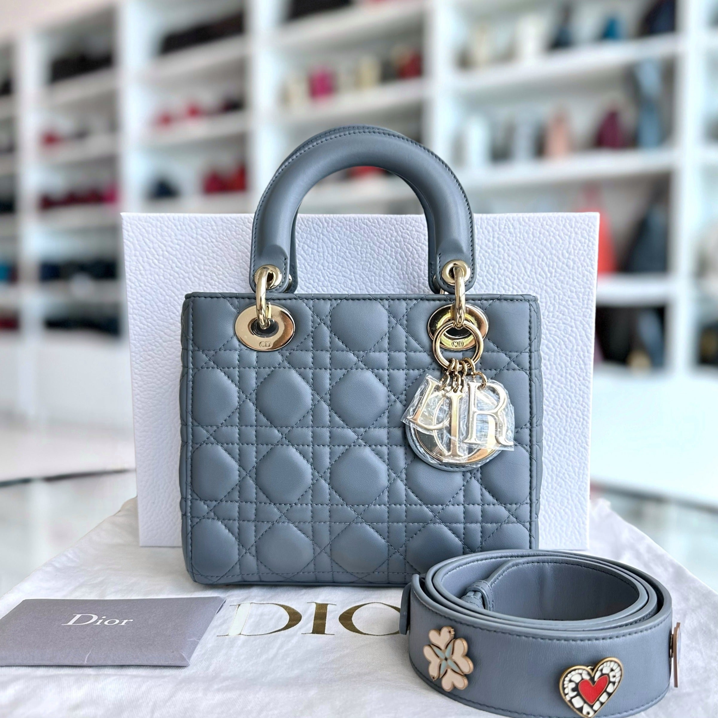 Dior Lady Small Cannage Lambskin Haze Blue ABC MyABC Charm GHW - Luxury Evermore