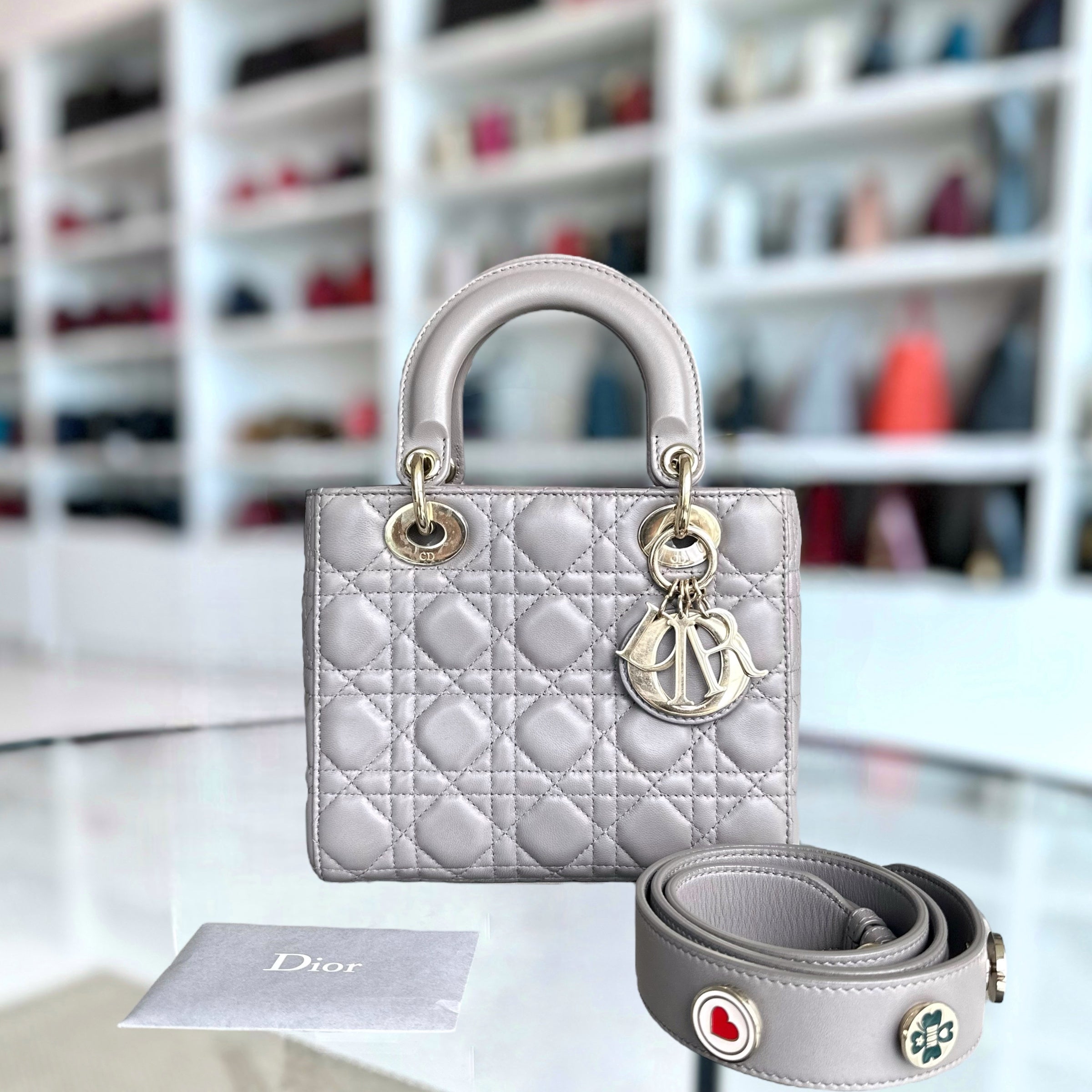 Dior Lady Small Cannage Lambskin Light Grey Gray Golden Hardware MyABC ABC - Luxury Evermore