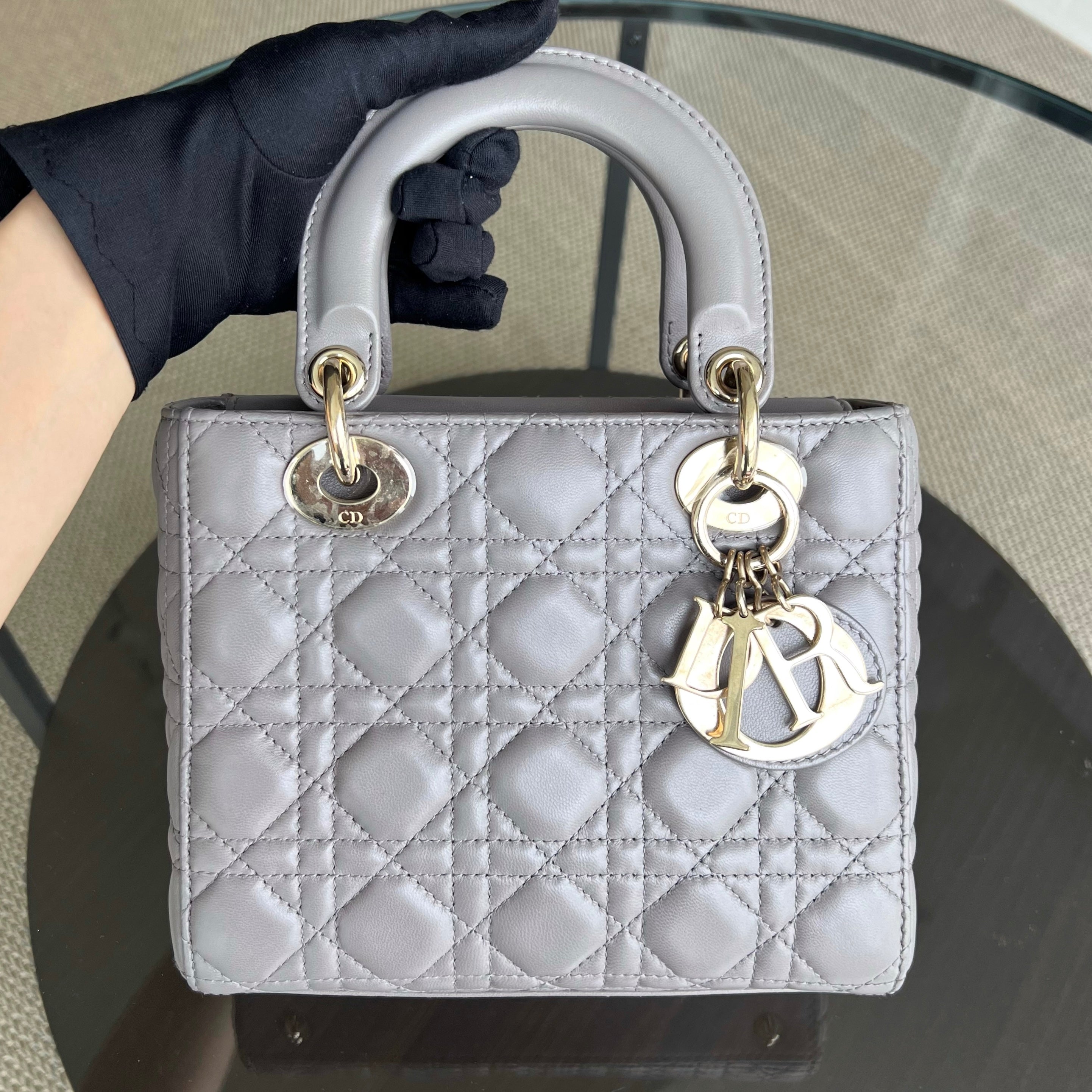 Dior Lady Small Cannage Lambskin Light Grey Gray Golden Hardware MyABC ABC - Luxury Evermore