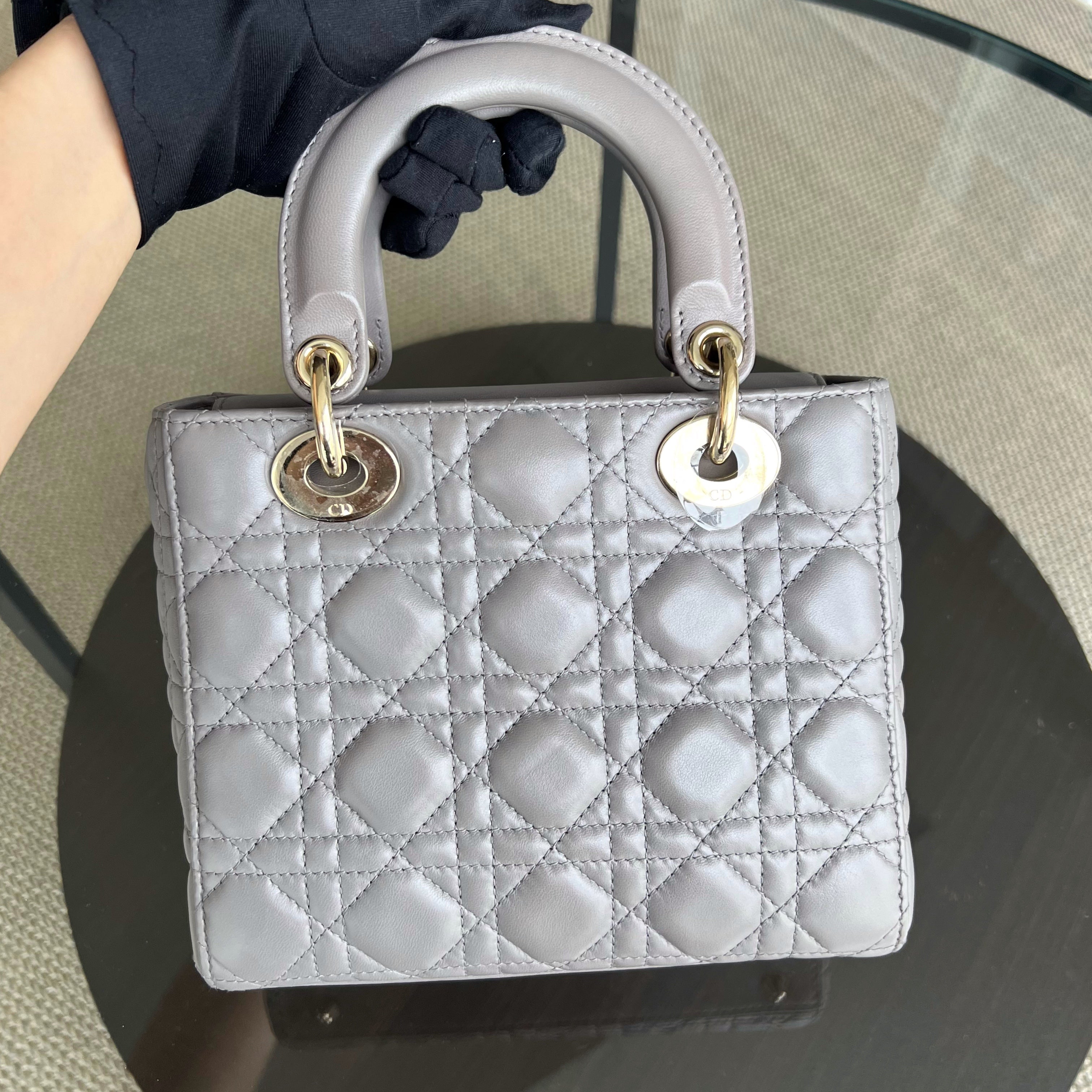 Dior Lady Small Cannage Lambskin Light Grey Gray Golden Hardware MyABC ABC - Luxury Evermore