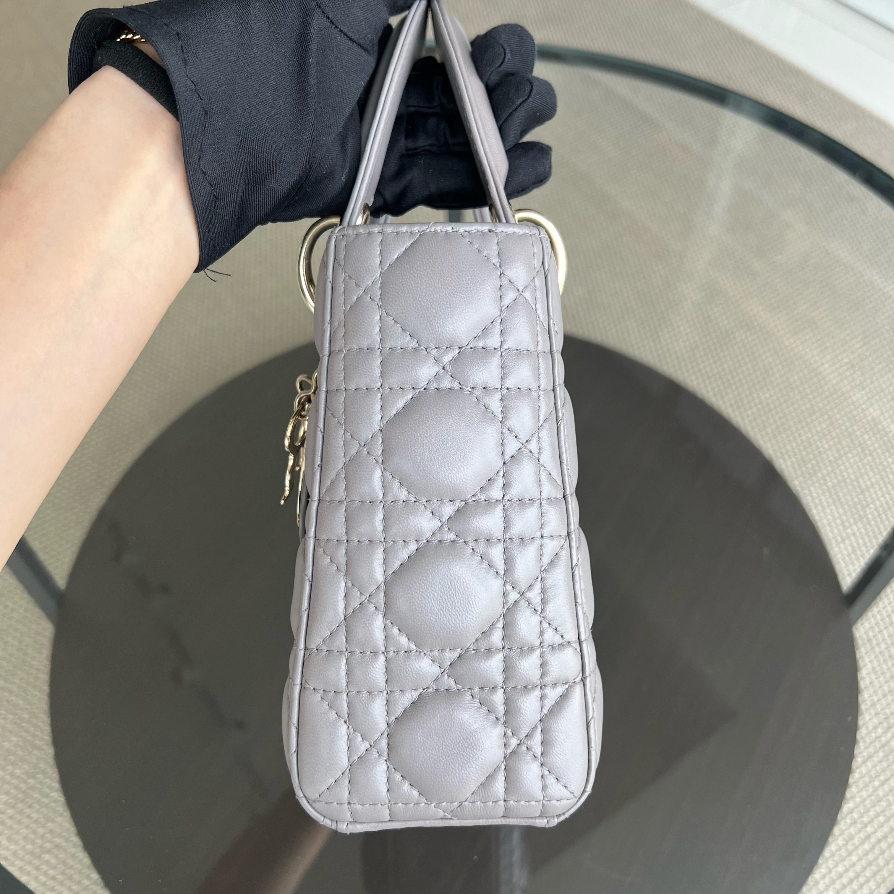 Dior Lady Small Cannage Lambskin Light Grey Gray Golden Hardware MyABC ABC - Luxury Evermore