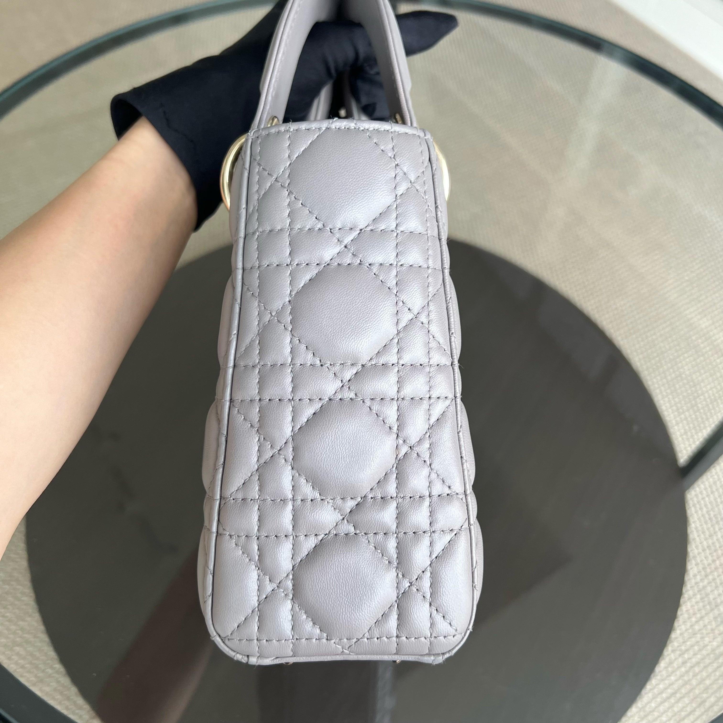 Dior Lady Small Cannage Lambskin Light Grey Gray Golden Hardware MyABC ABC - Luxury Evermore