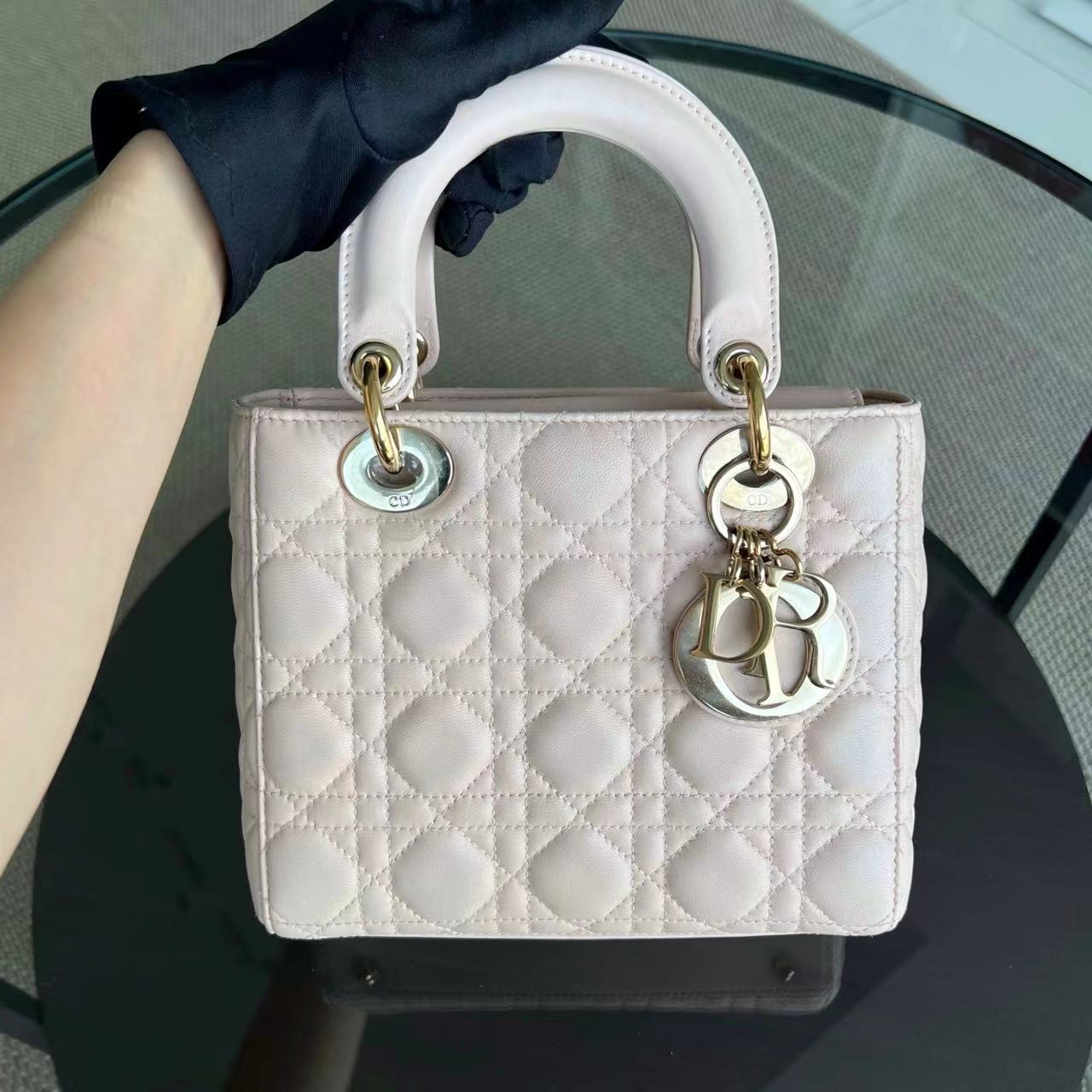 Dior Lady Small Cannage Lambskin Light Sakura Pink Golden Hardware ABC MYABC Charm Badge - Luxury Evermore