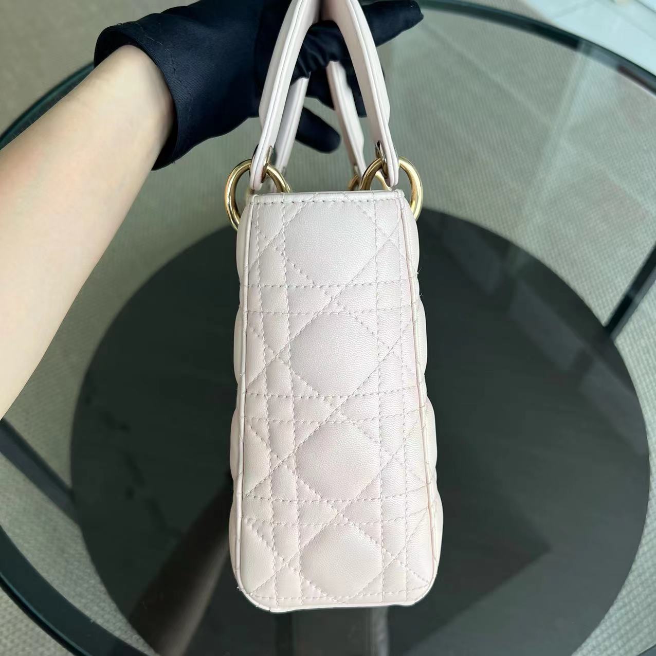 Dior Lady Small Cannage Lambskin Light Sakura Pink Golden Hardware ABC MYABC Charm Badge - Luxury Evermore