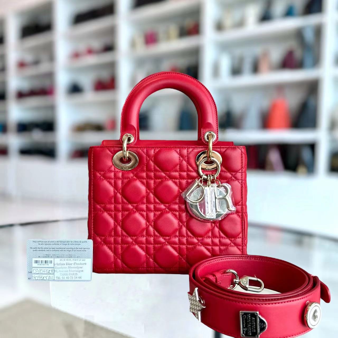 Dior Lady Small Cannage Lambskin Red Golden Hardware ABC MyABC Charm Badge - Luxury Evermore