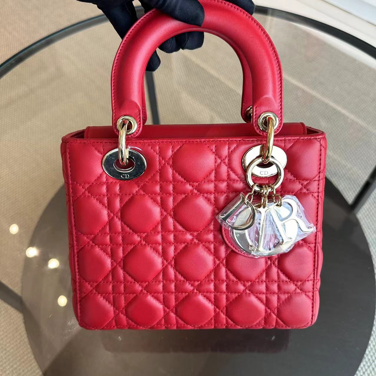 Dior Lady Small Cannage Lambskin Red Golden Hardware ABC MyABC Charm Badge - Luxury Evermore