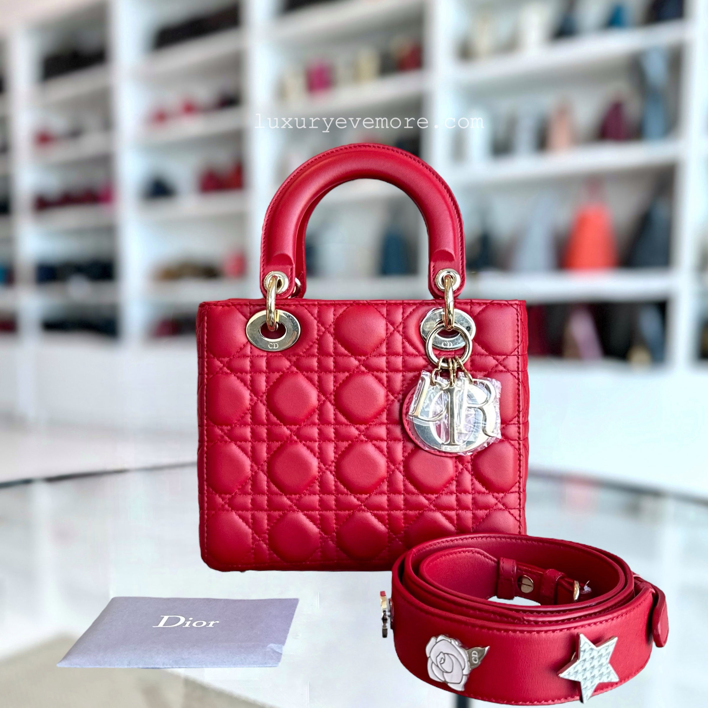 Dior Lady Small Cannage Lambskin Red Golden Hardware - Luxury Evermore