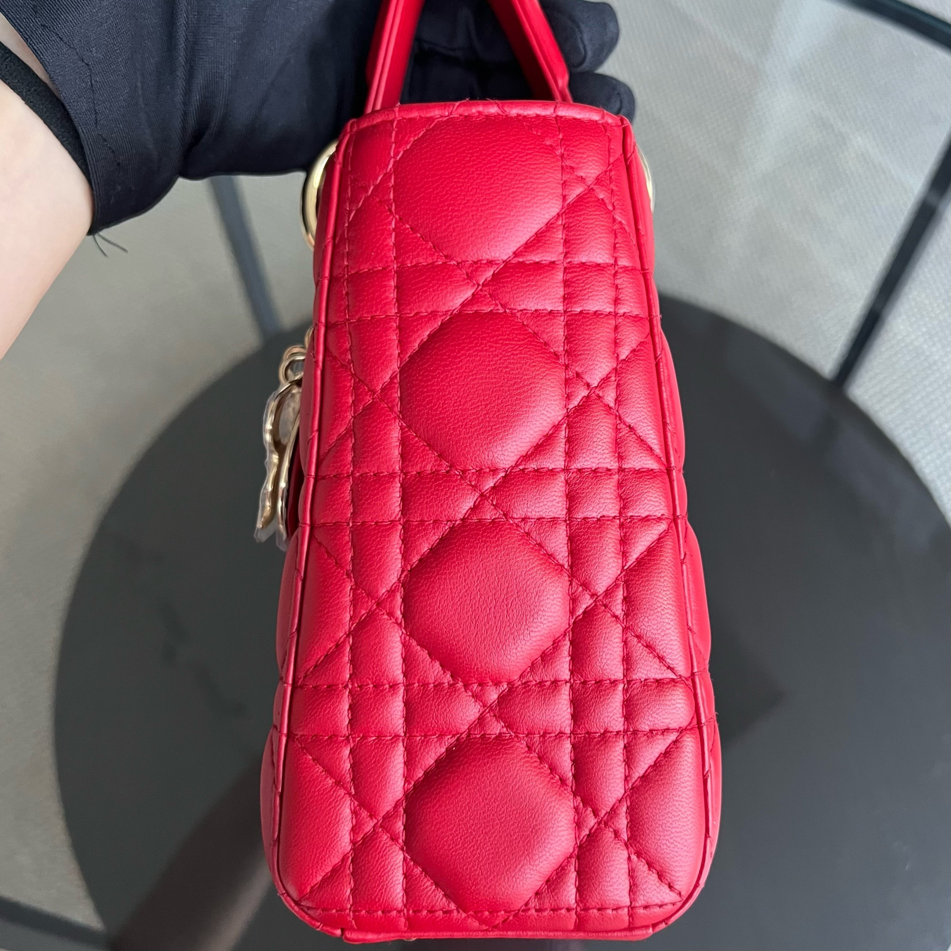 Dior Lady Small Cannage Lambskin Red Golden Hardware - Luxury Evermore