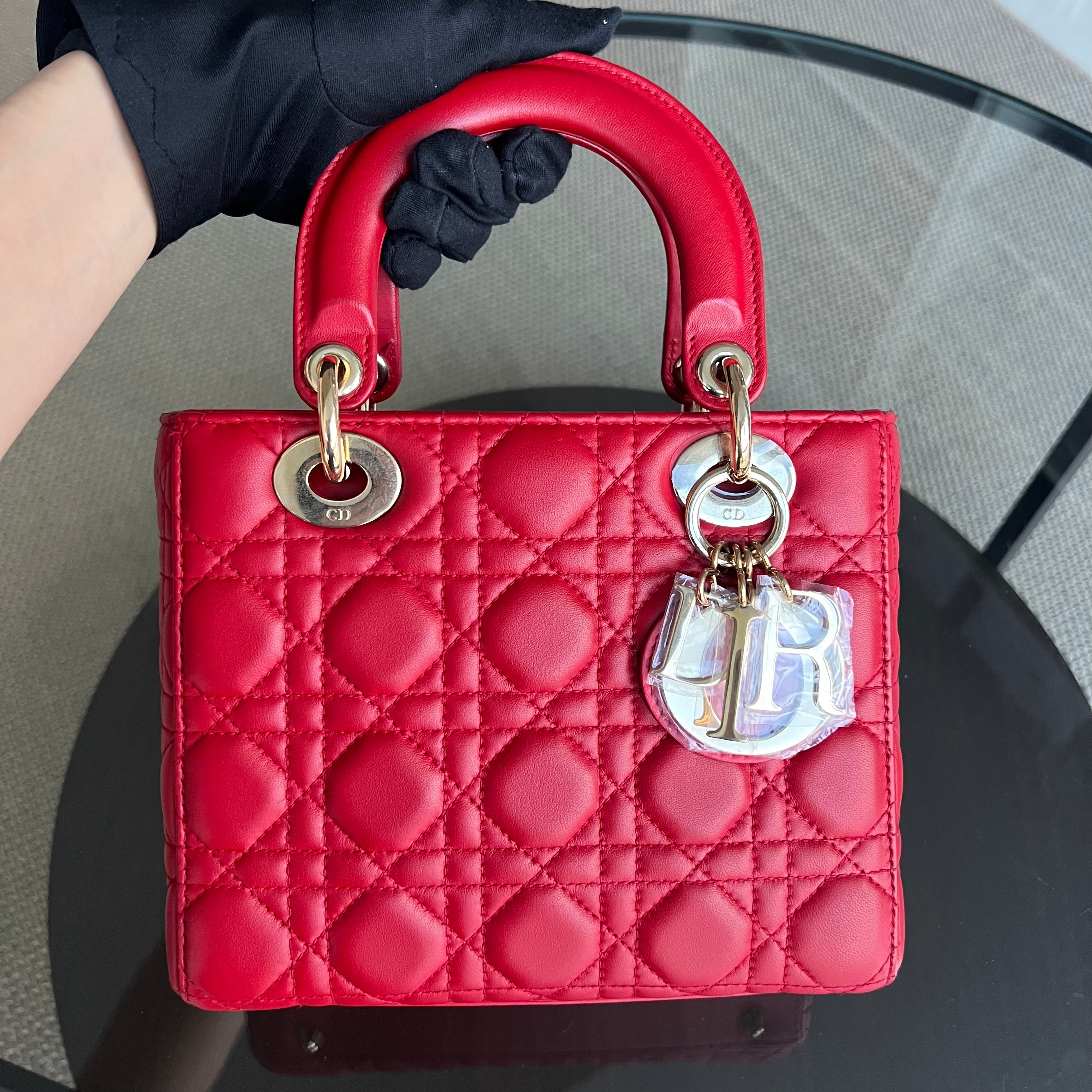 Dior Lady Small Cannage Lambskin Red Golden Hardware - Luxury Evermore