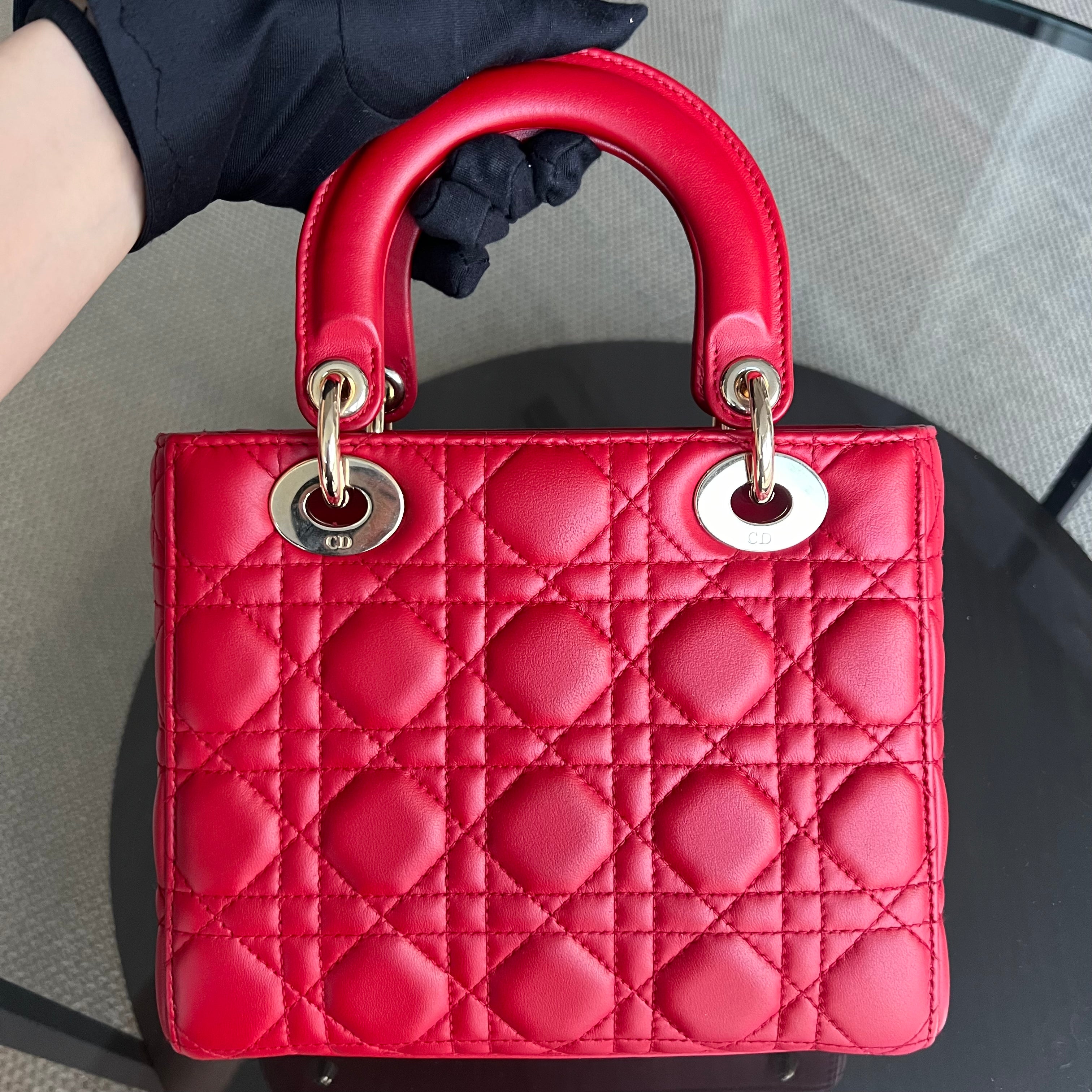 Dior Lady Small Cannage Lambskin Red Golden Hardware - Luxury Evermore