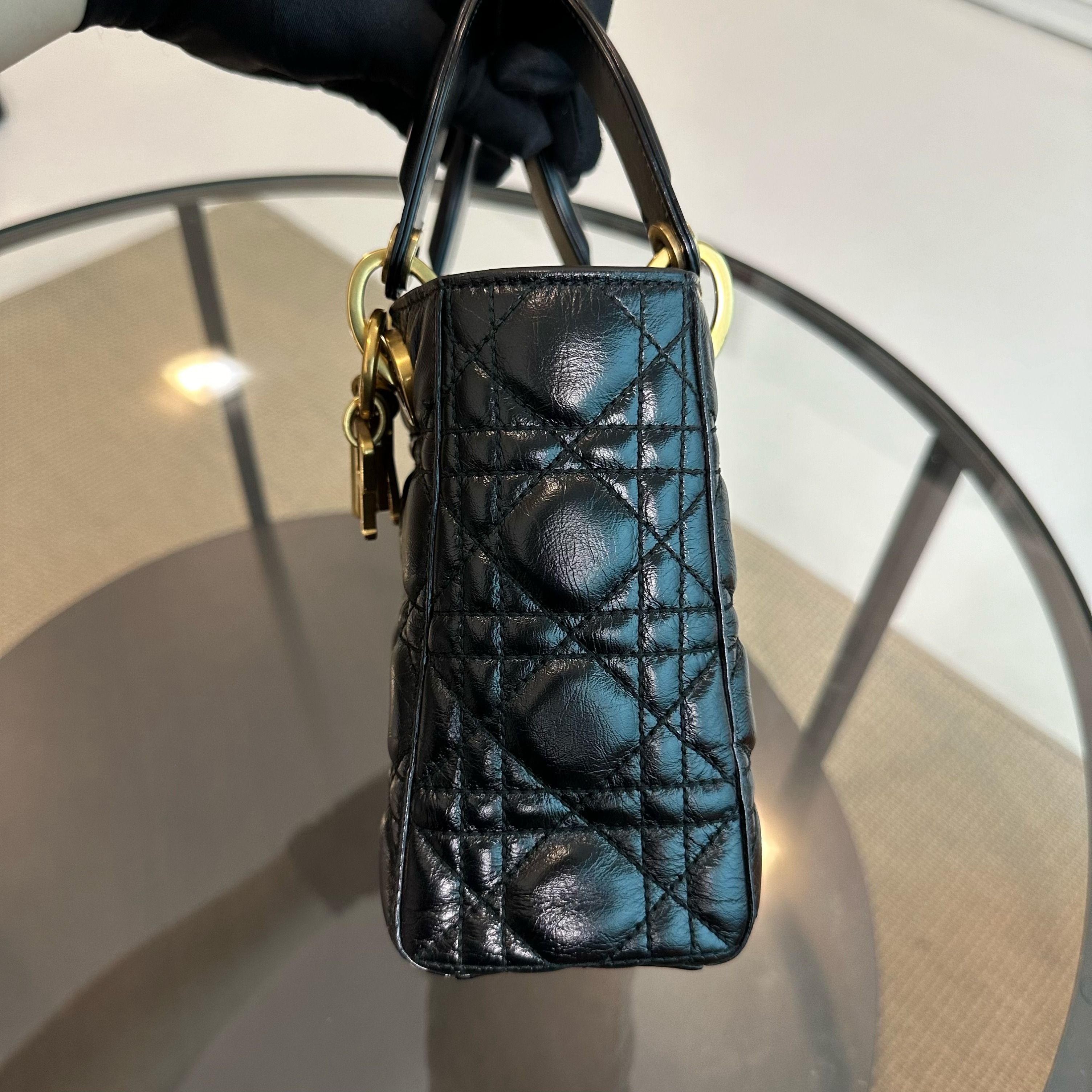 Dior Lady Small Glazed Calfskin Black RGHW - Luxury Evermore