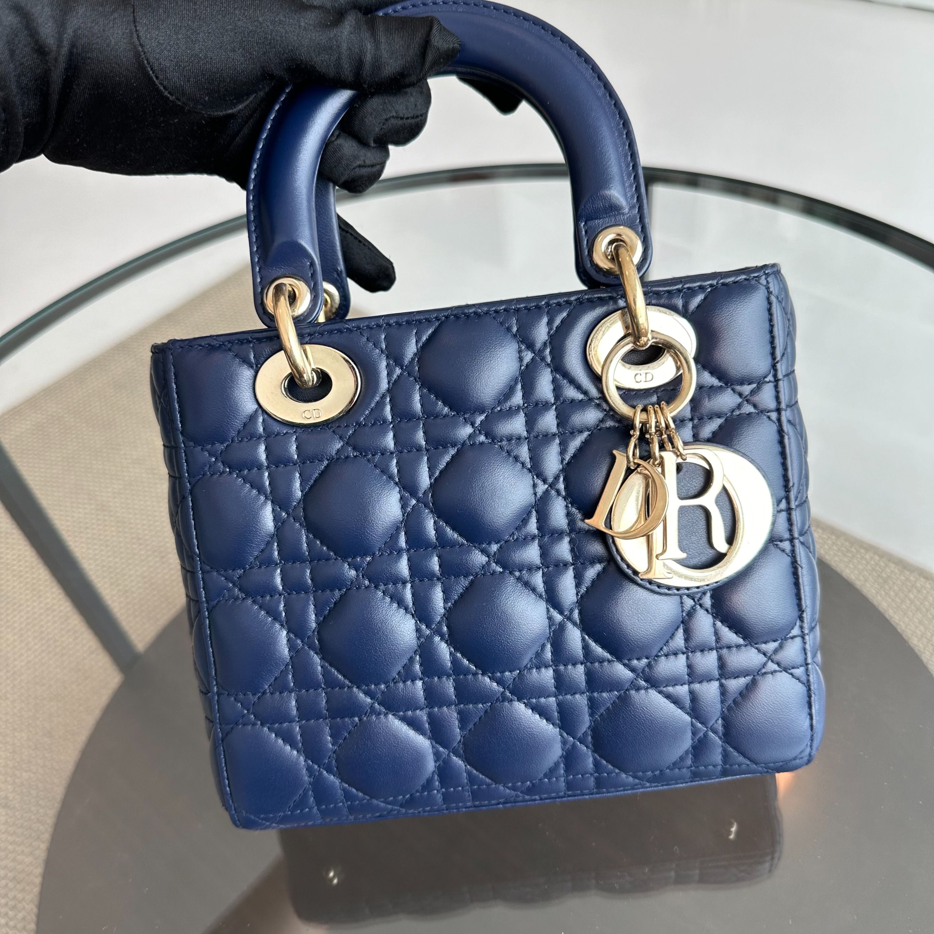 Dior Lady Small Lambskin ABC MyABC Charm Badge Dark Blue GHW - Luxury Evermore