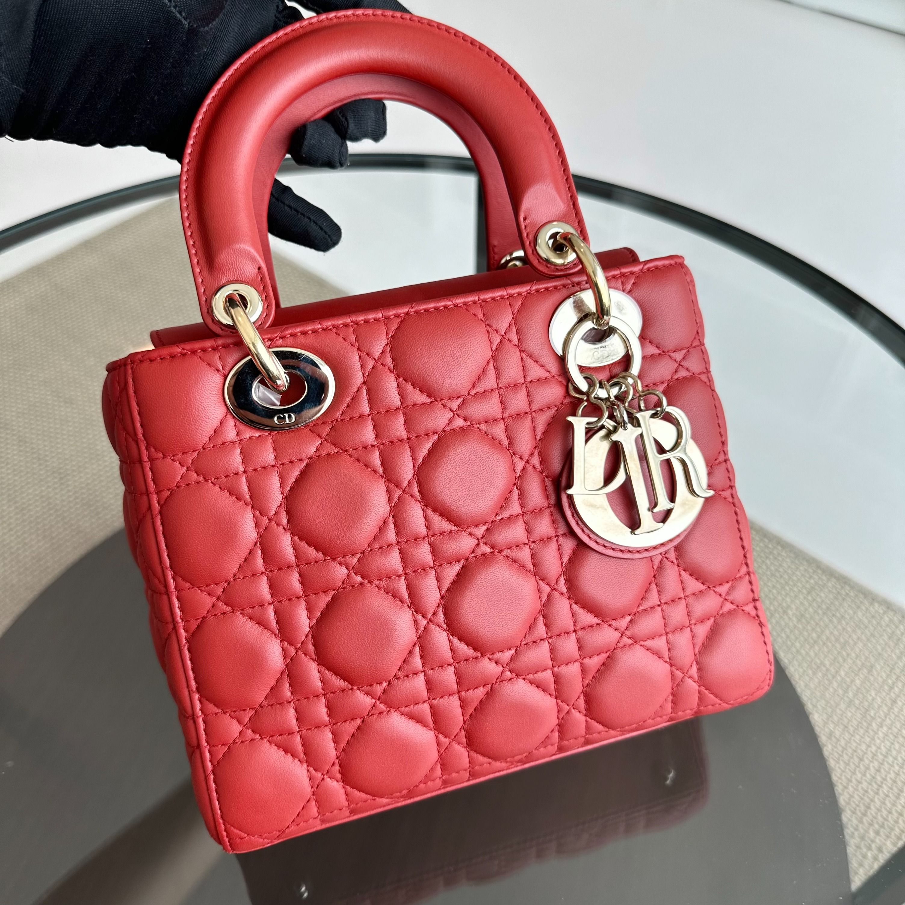 Dior Lady Small Lambskin Badge Charm ABC MyABC Light Red GHW - Luxury Evermore