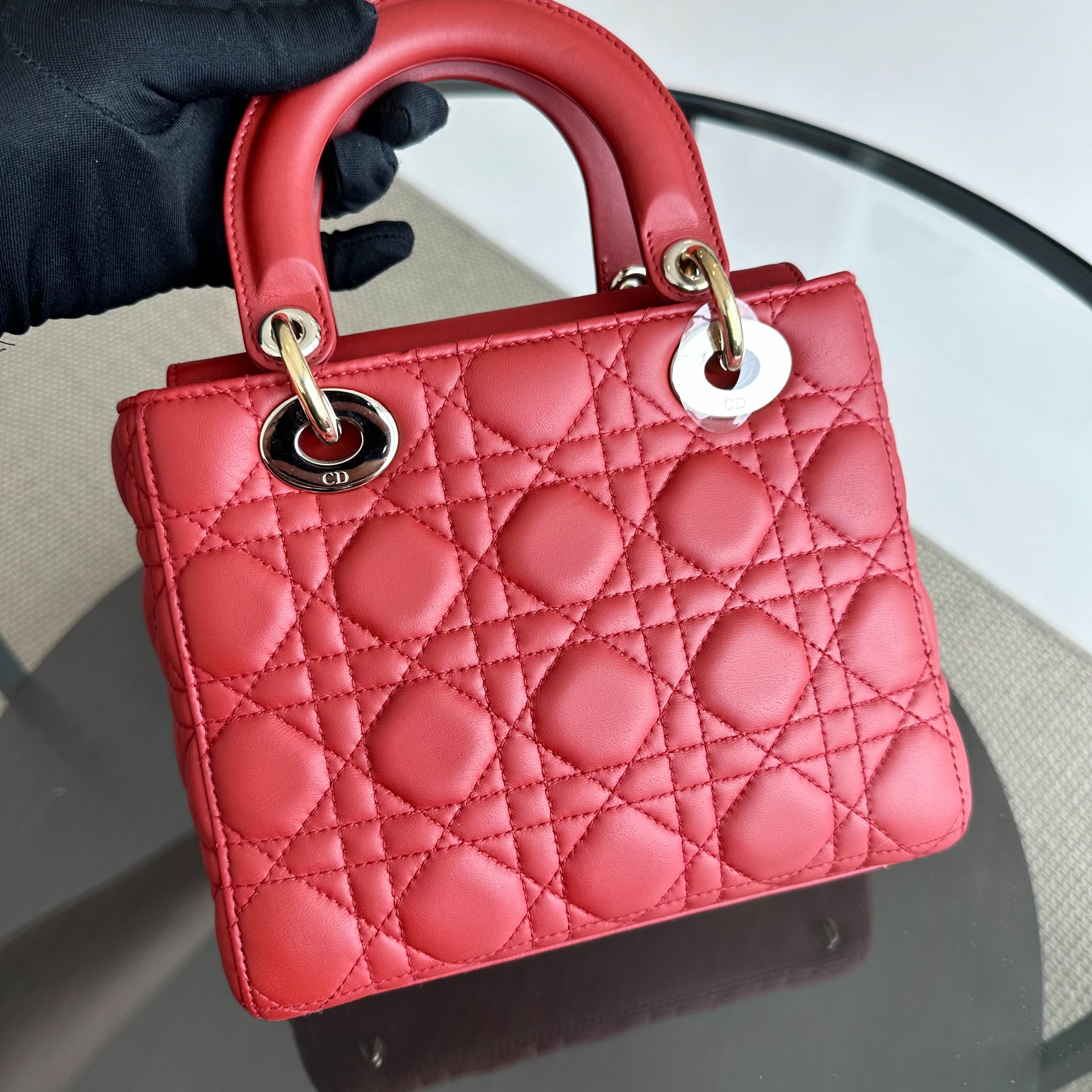 Dior Lady Small Lambskin Badge Charm ABC MyABC Light Red GHW - Luxury Evermore