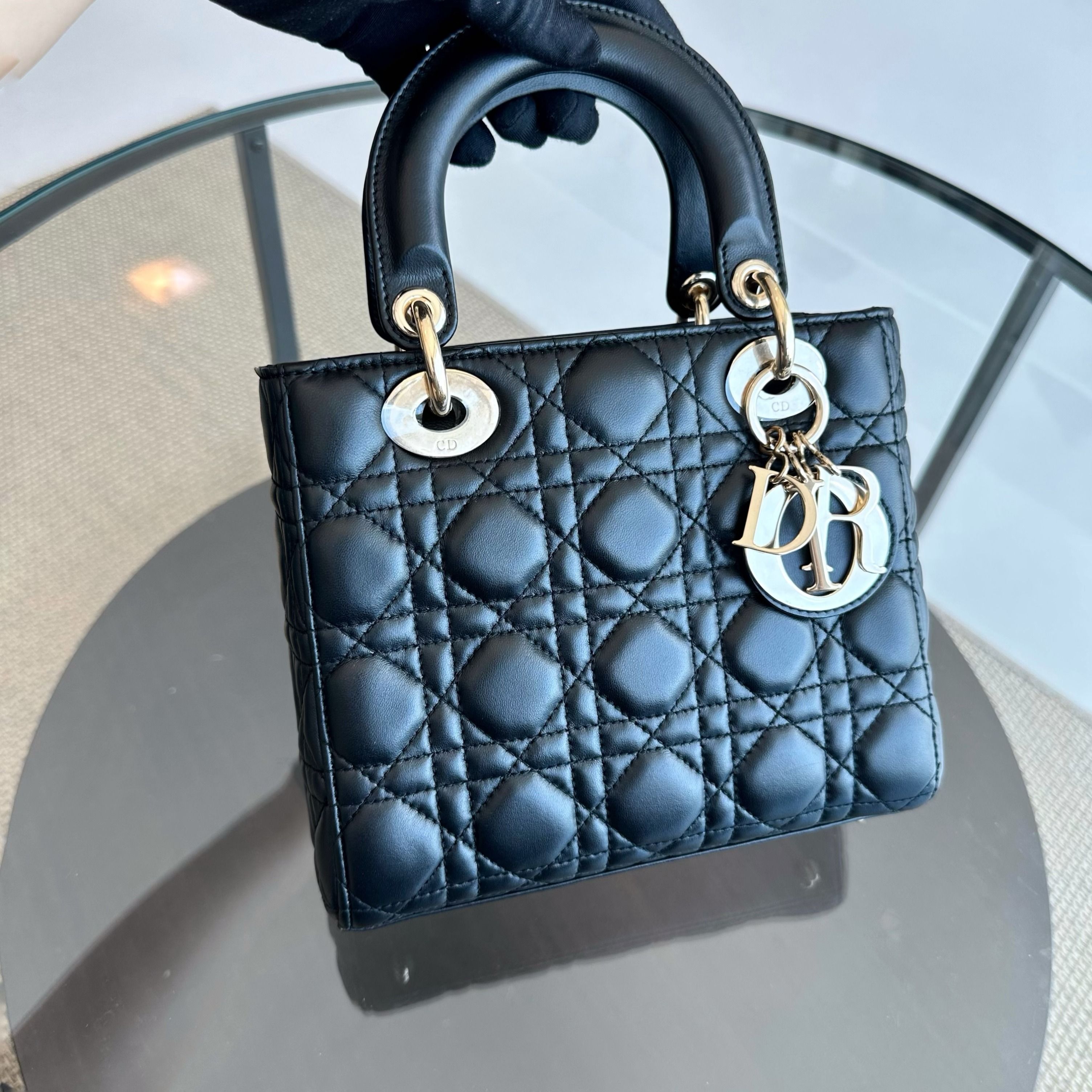 Dior Lady Small Lambskin Black Cannage Charm Badge ABC GHW - Luxury Evermore