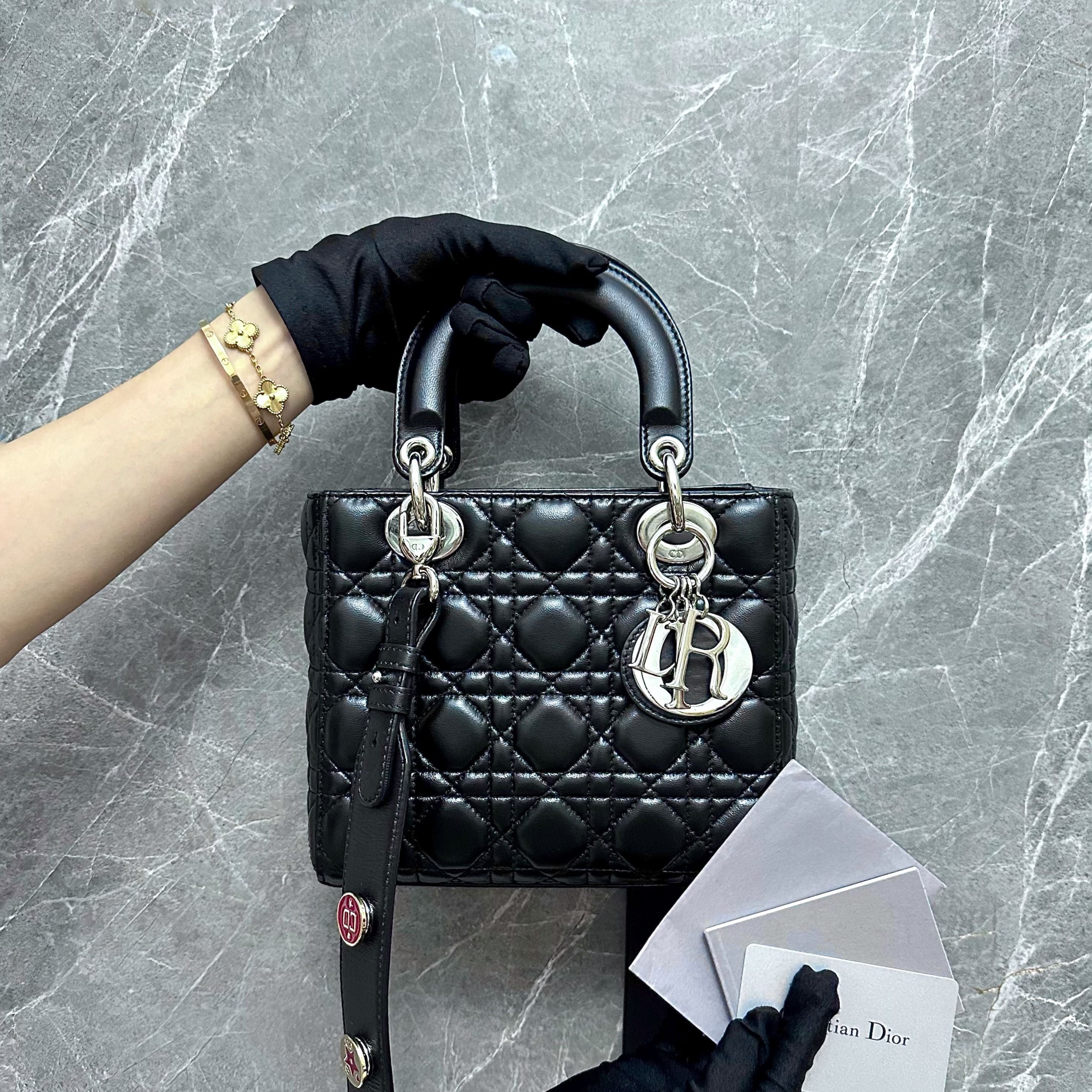 Dior Lady Small Lambskin Black Charm Badge SHW - Luxury Evermore