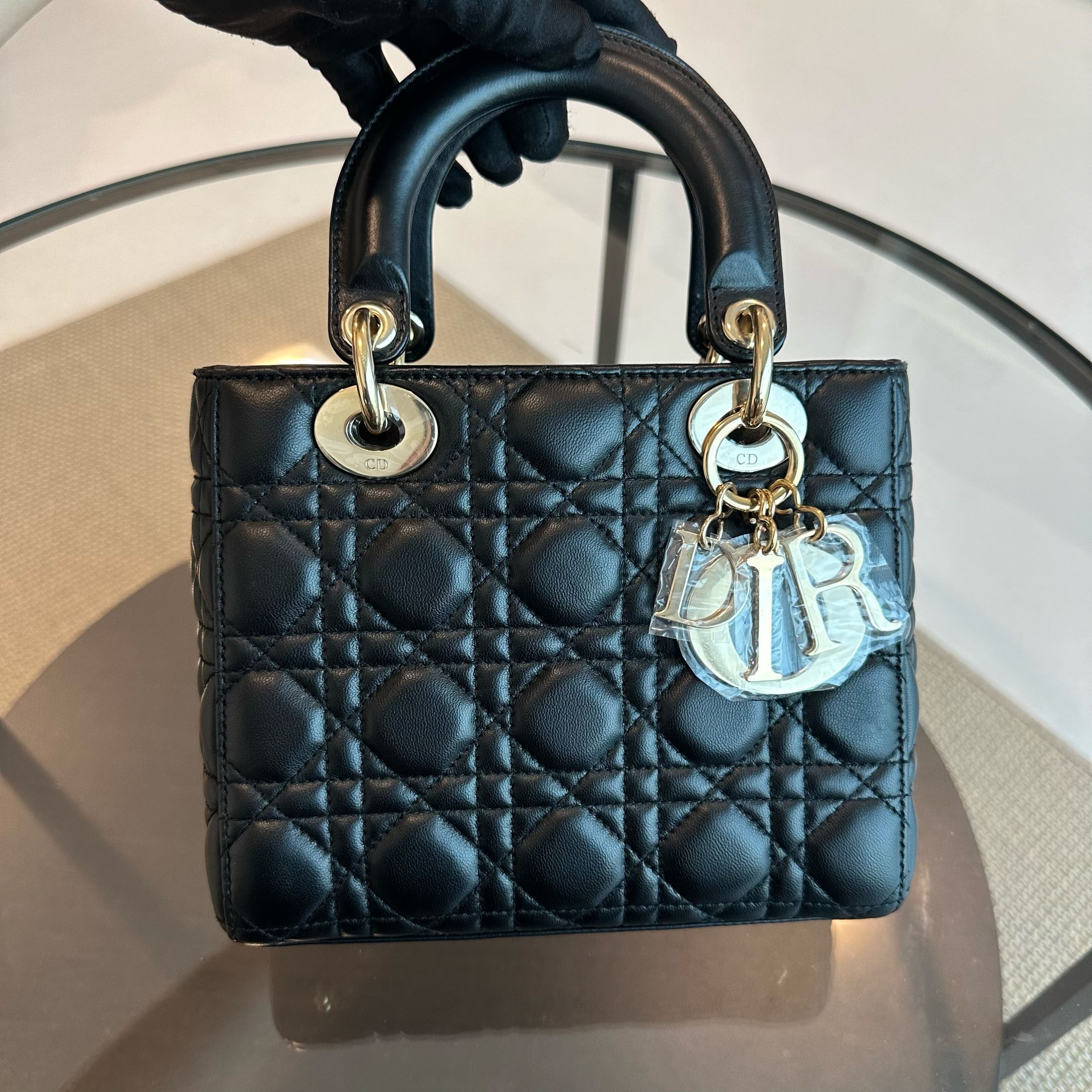 Dior Lady Small Lambskin Cannage Badge Charm ABC Black GHW - Luxury Evermore