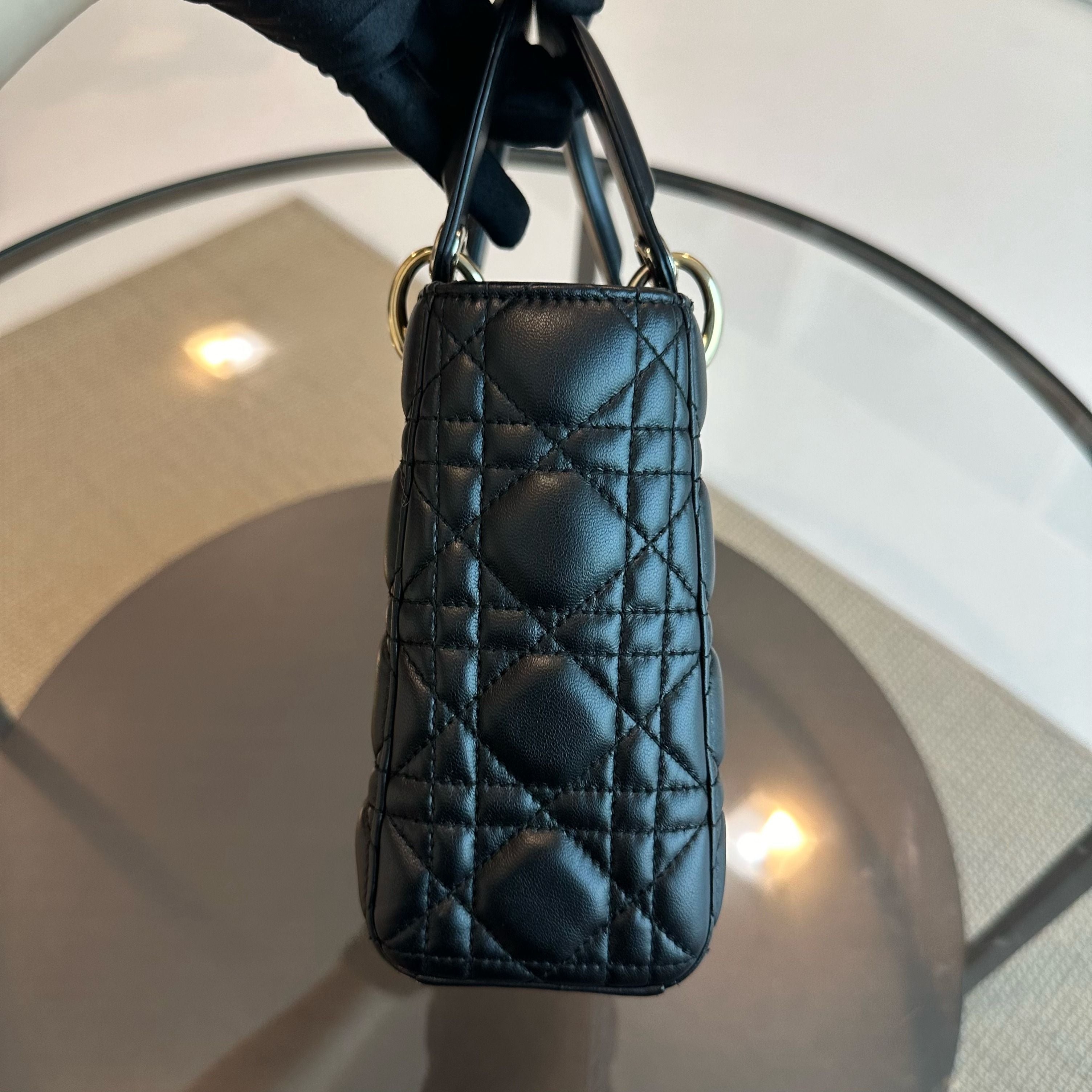 Dior Lady Small Lambskin Cannage Badge Charm ABC Black GHW - Luxury Evermore