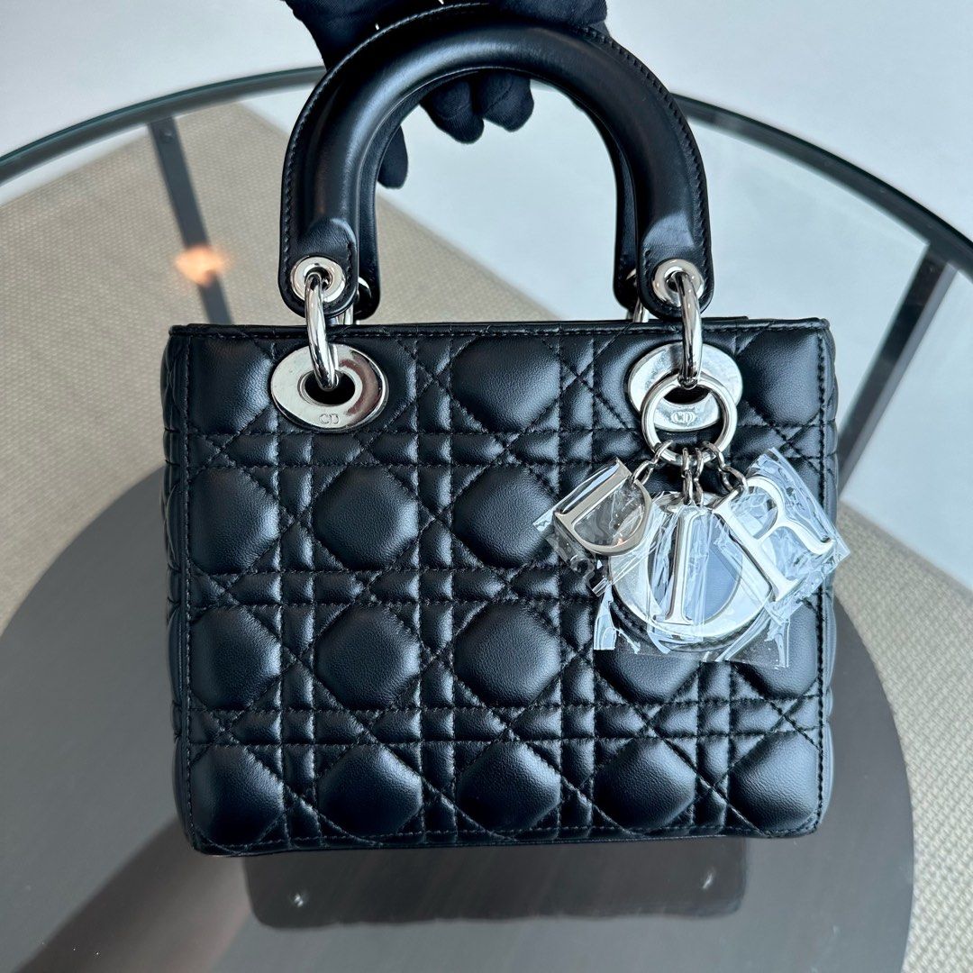 Dior Lady Small Lambskin Cannage Badge Charm ABC Black SHW - Luxury Evermore