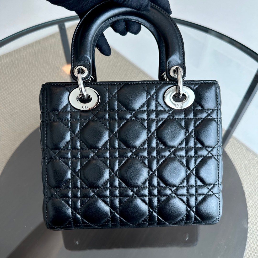 Dior Lady Small Lambskin Cannage Badge Charm ABC Black SHW - Luxury Evermore