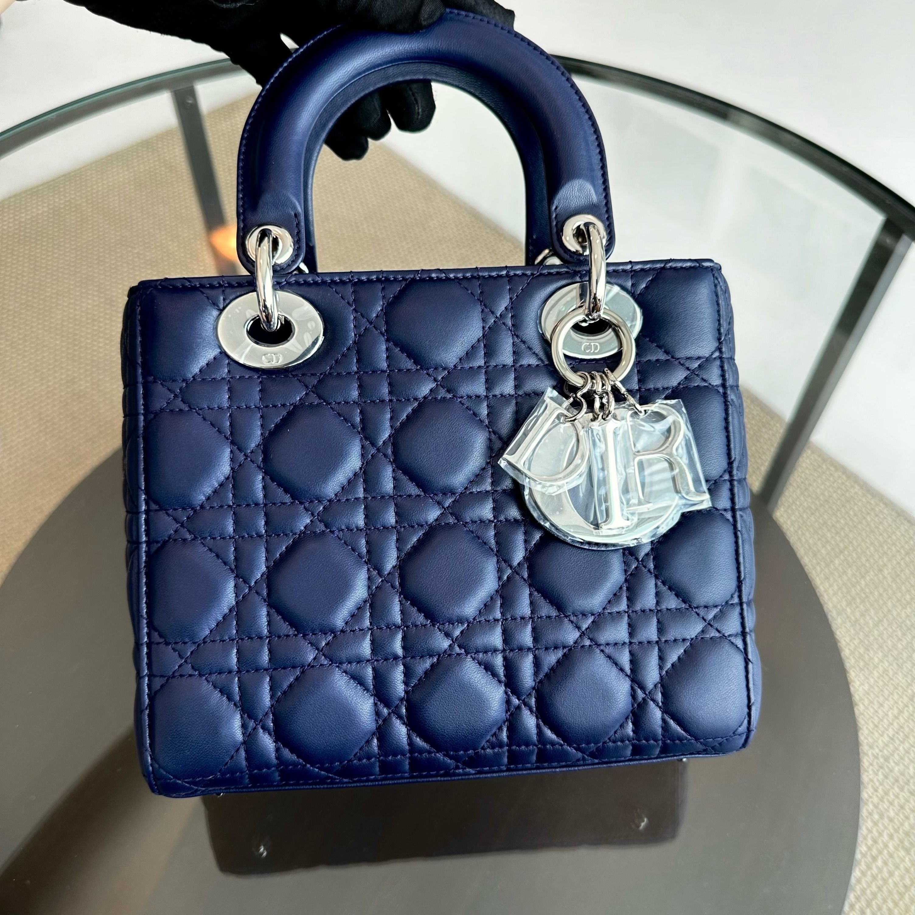 Dior Lady Small Lambskin Cannage Charm Badge ABC Dark Blue SHW - Luxury Evermore