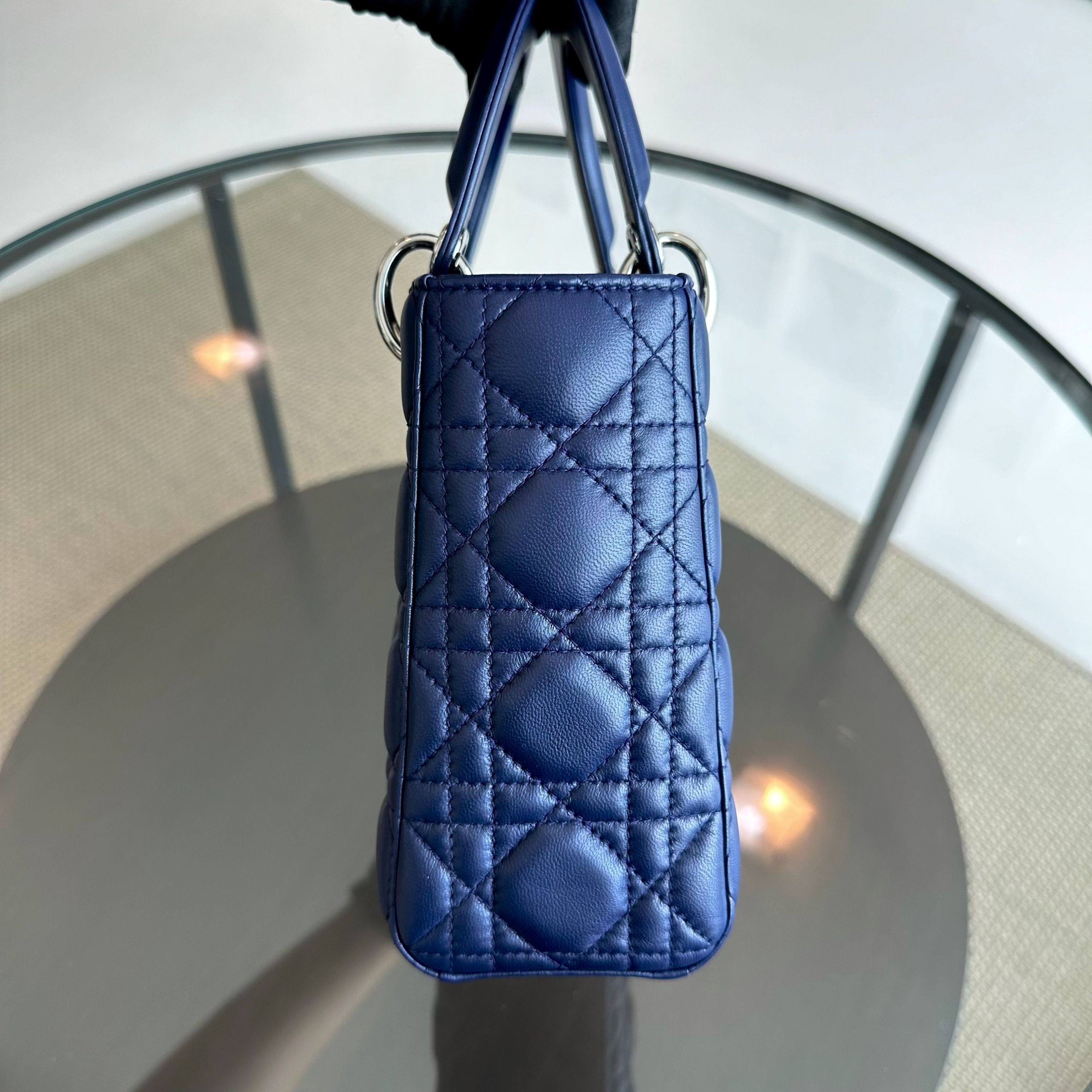 Dior Lady Small Lambskin Cannage Charm Badge ABC Dark Blue SHW - Luxury Evermore