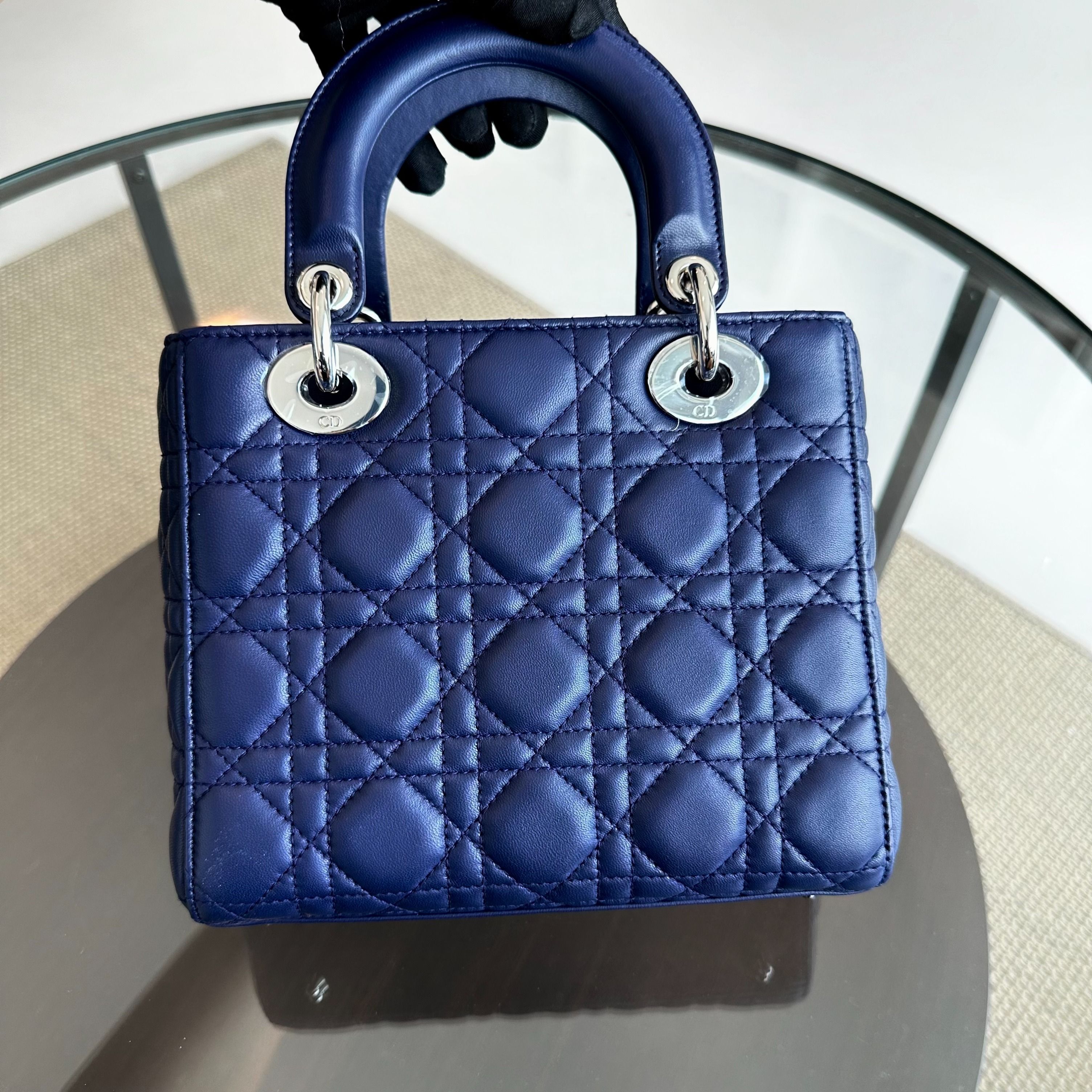 Dior Lady Small Lambskin Cannage Charm Badge ABC Dark Blue SHW - Luxury Evermore