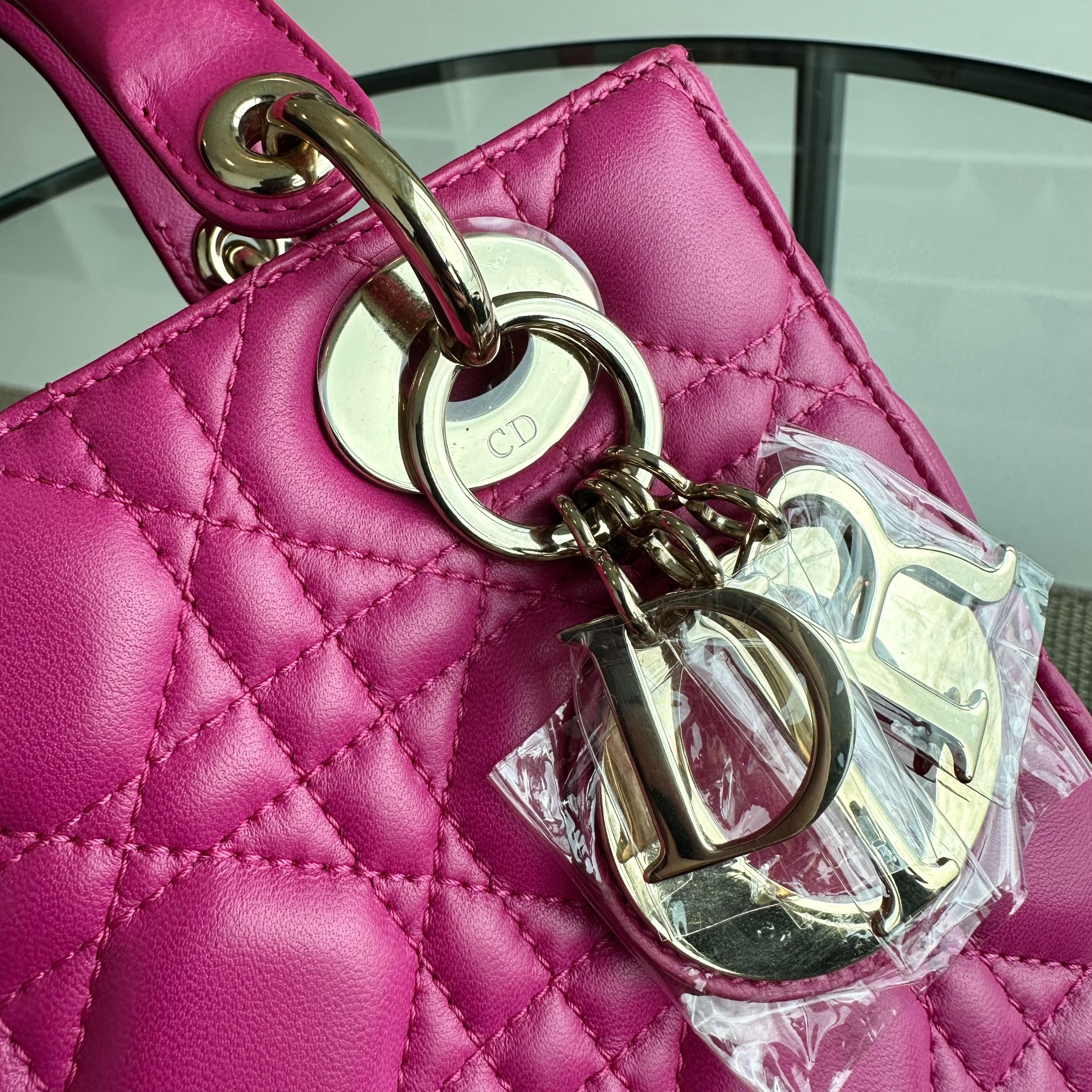 Dior Lady Small Lambskin Cannage Hot Pink Charm Badge GHW - Luxury Evermore