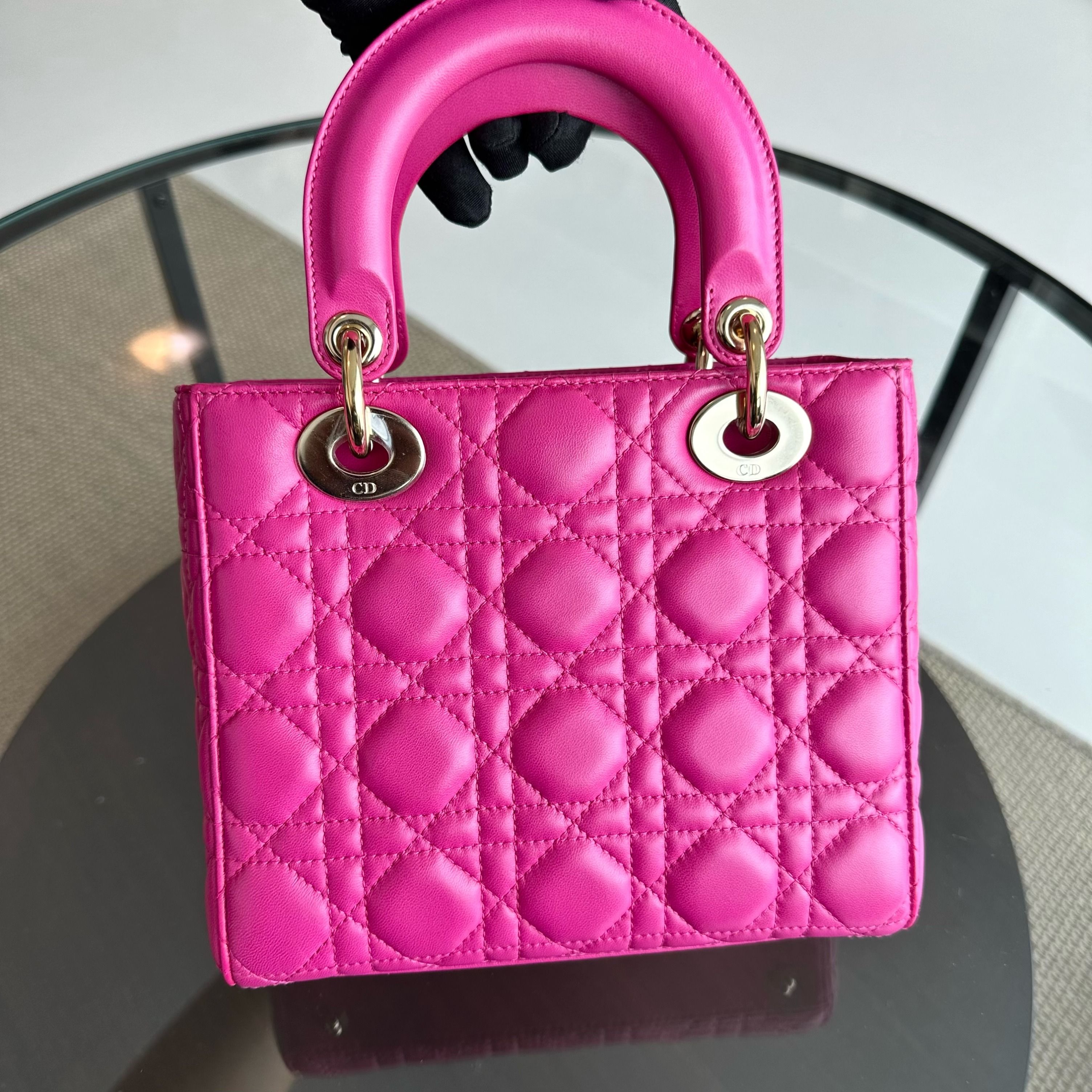 Dior Lady Small Lambskin Cannage Hot Pink Charm Badge GHW - Luxury Evermore