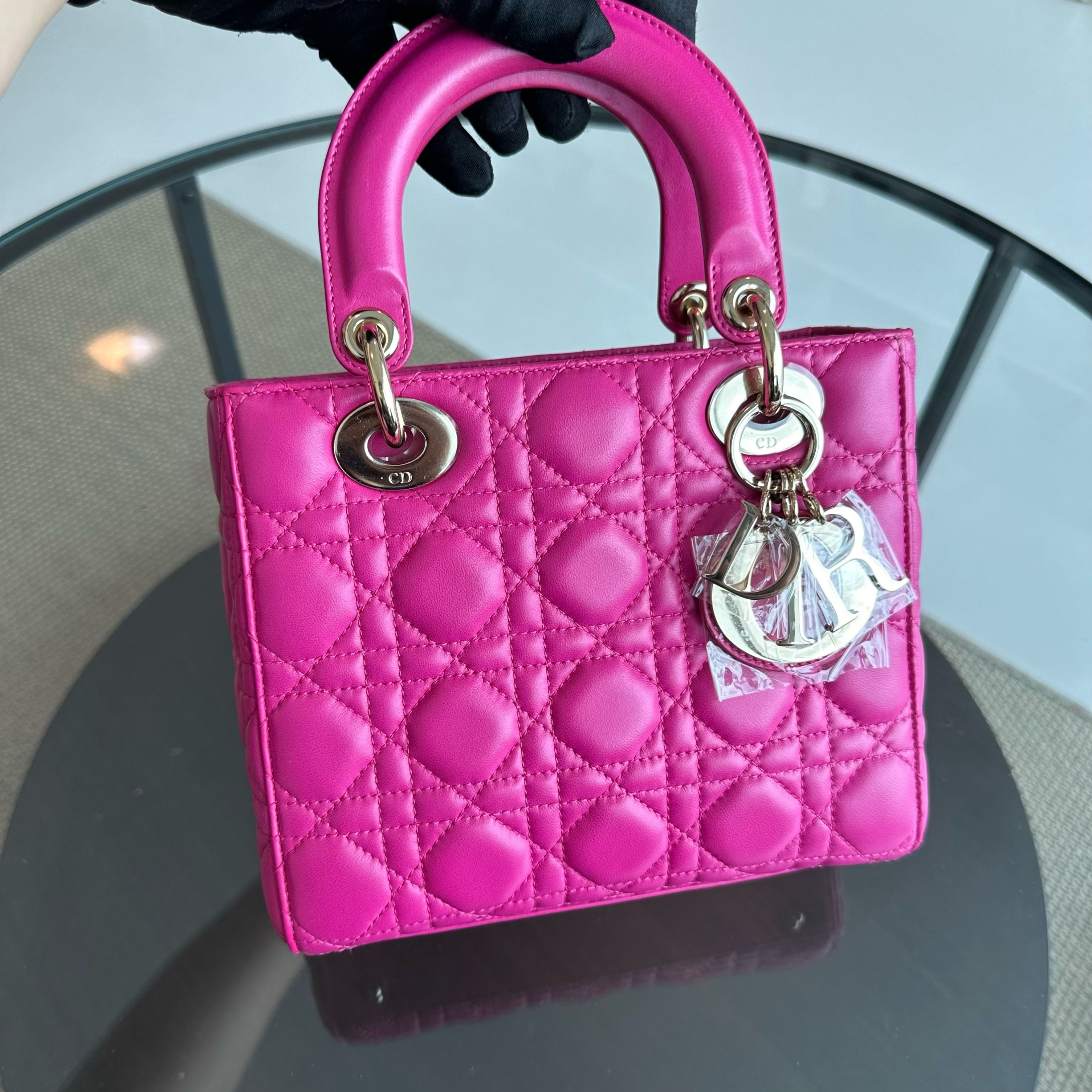 Dior Lady Small Lambskin Cannage Hot Pink Charm Badge GHW - Luxury Evermore