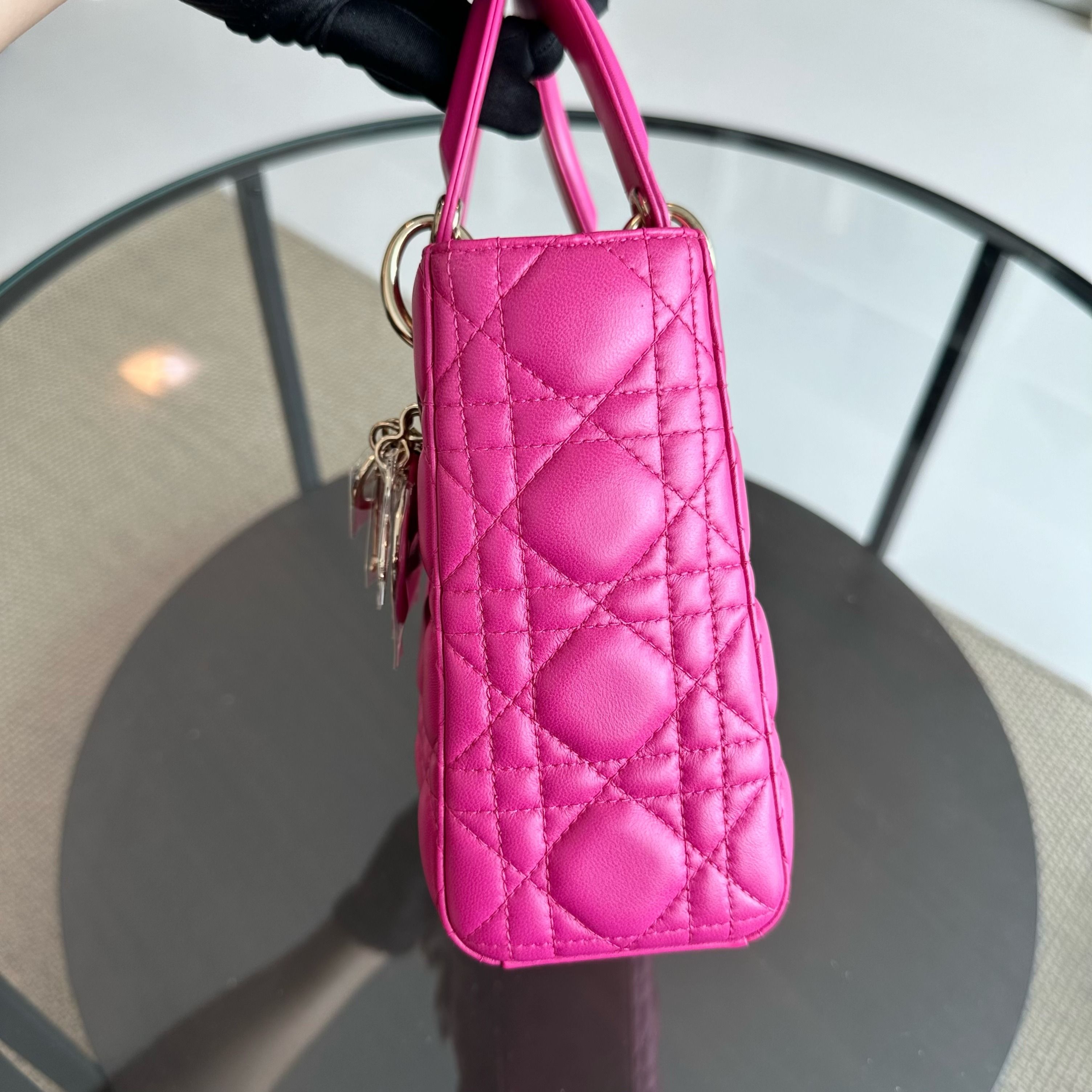 Dior Lady Small Lambskin Cannage Hot Pink Charm Badge GHW - Luxury Evermore