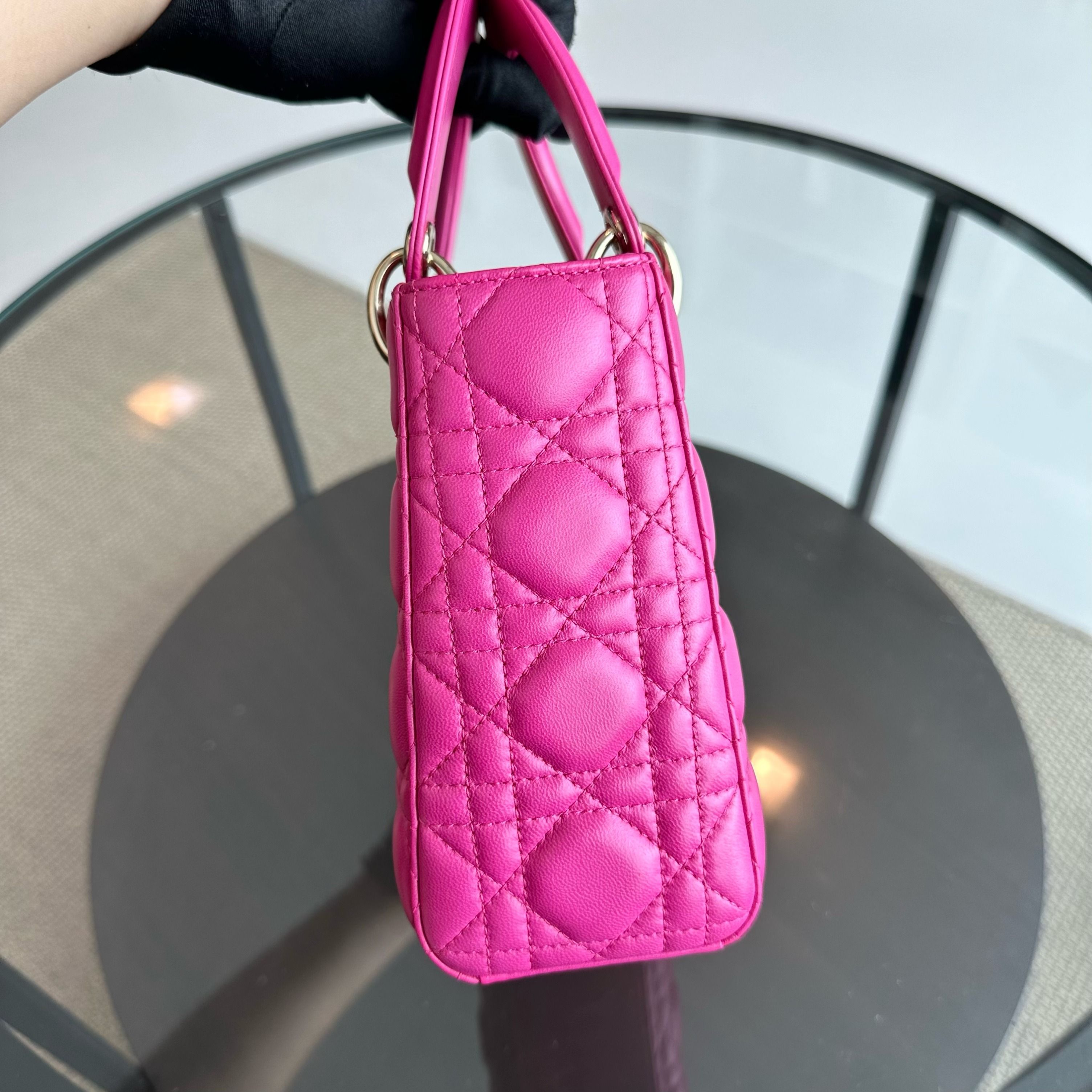 Dior Lady Small Lambskin Cannage Hot Pink Charm Badge GHW - Luxury Evermore