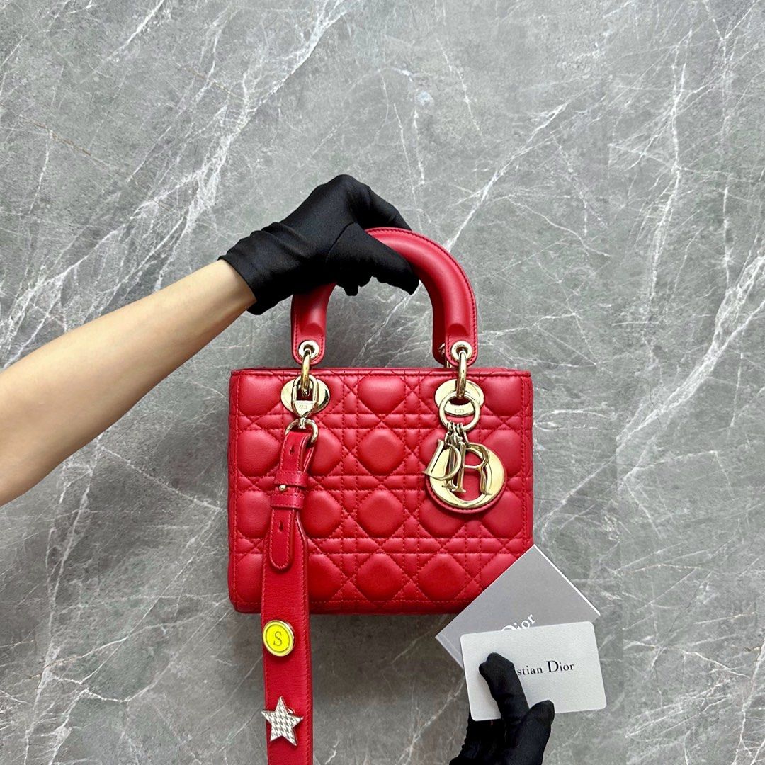 Dior Lady Small Lambskin Charm ABC Red GHW - Luxury Evermore