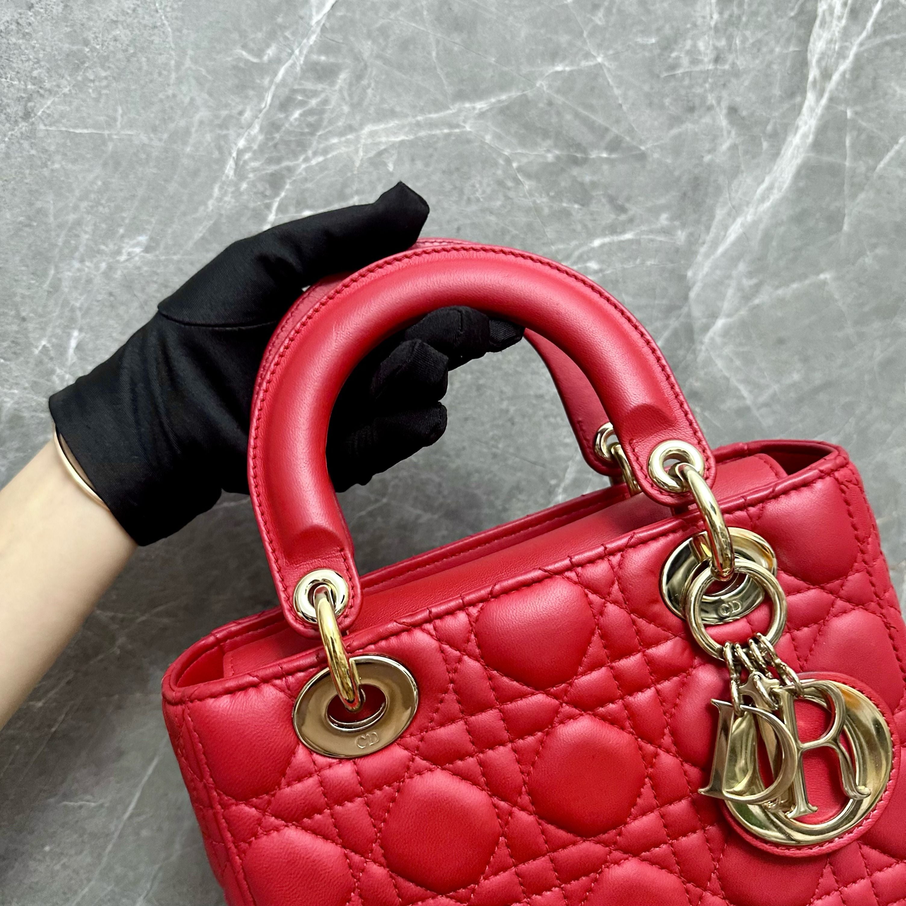 Dior Lady Small Lambskin Charm ABC Red GHW - Luxury Evermore